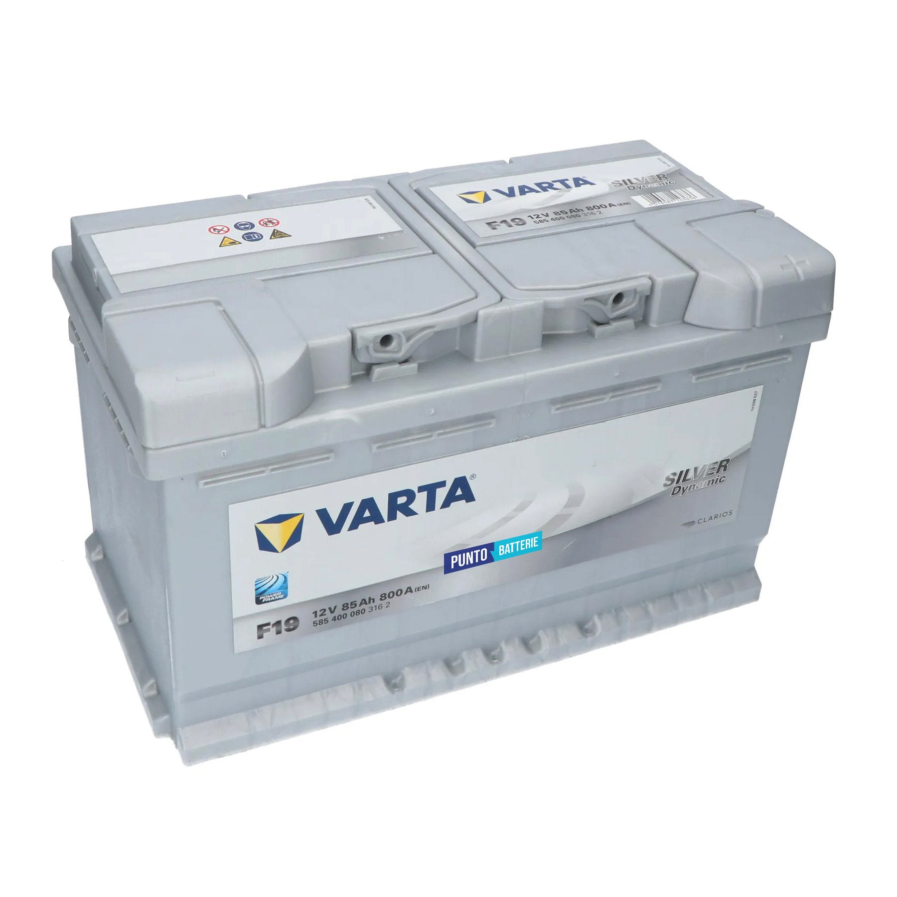 Batteria originale Varta Silver Dynamic F19, dimensioni 315 x 175 x 190, polo positivo a destra, 12 volt, 85 amperora, 800 ampere. Batteria per auto e veicoli leggeri.