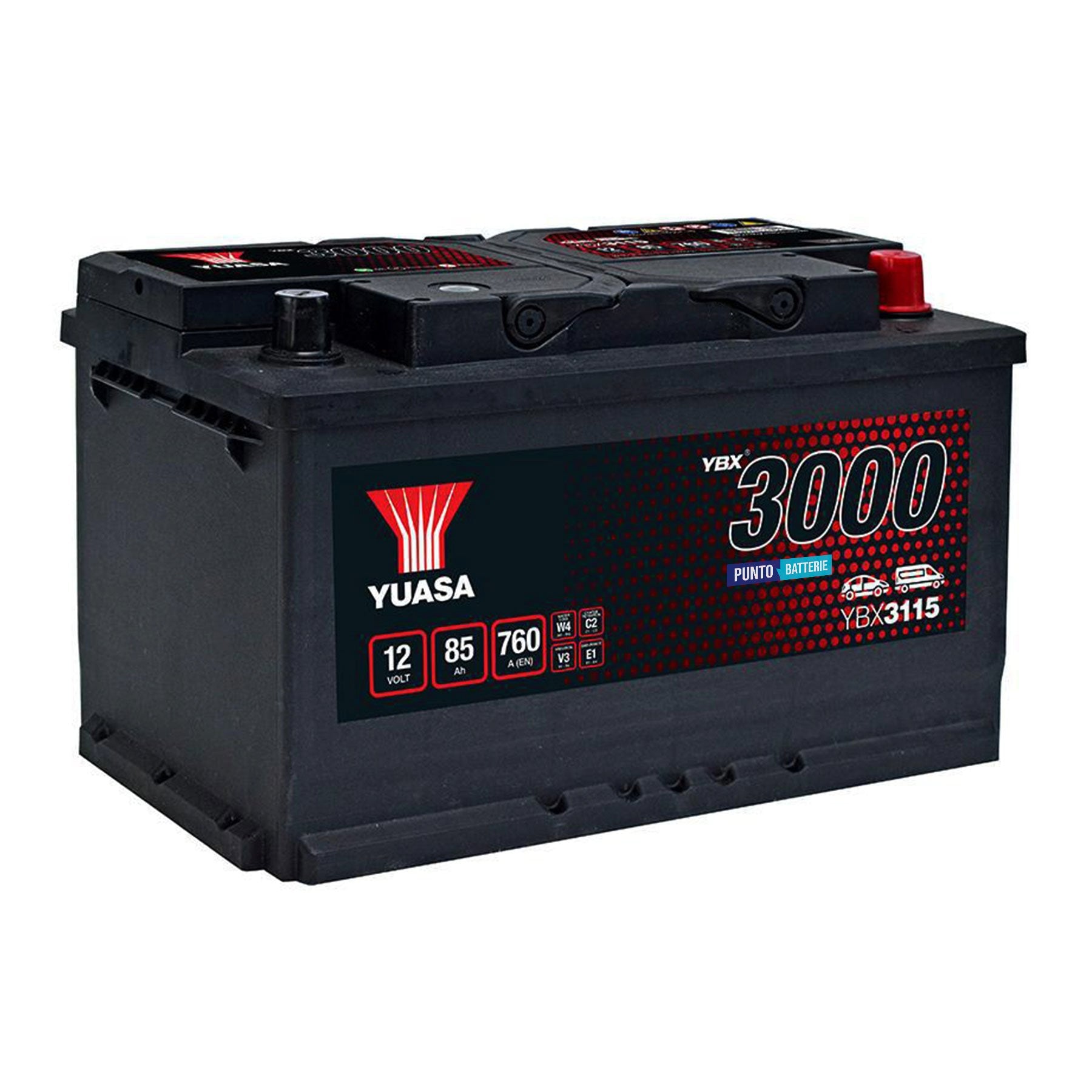 Batteria originale Yuasa YBX3000 YBX3115, dimensioni 317 x 175 x 190, polo positivo a destra, 12 volt, 85 amperora, 760 ampere. Batteria per auto e veicoli leggeri.