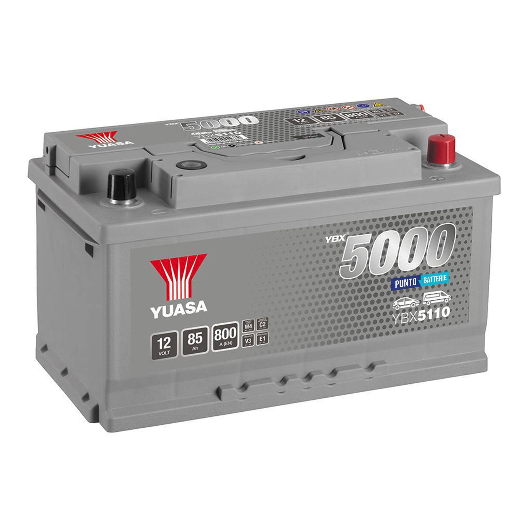 Batteria originale Yuasa YBX5000 YBX5110, dimensioni 315 x 175 x 175, polo positivo a destra, 12 volt, 85 amperora, 800 ampere. Batteria per auto e veicoli leggeri.