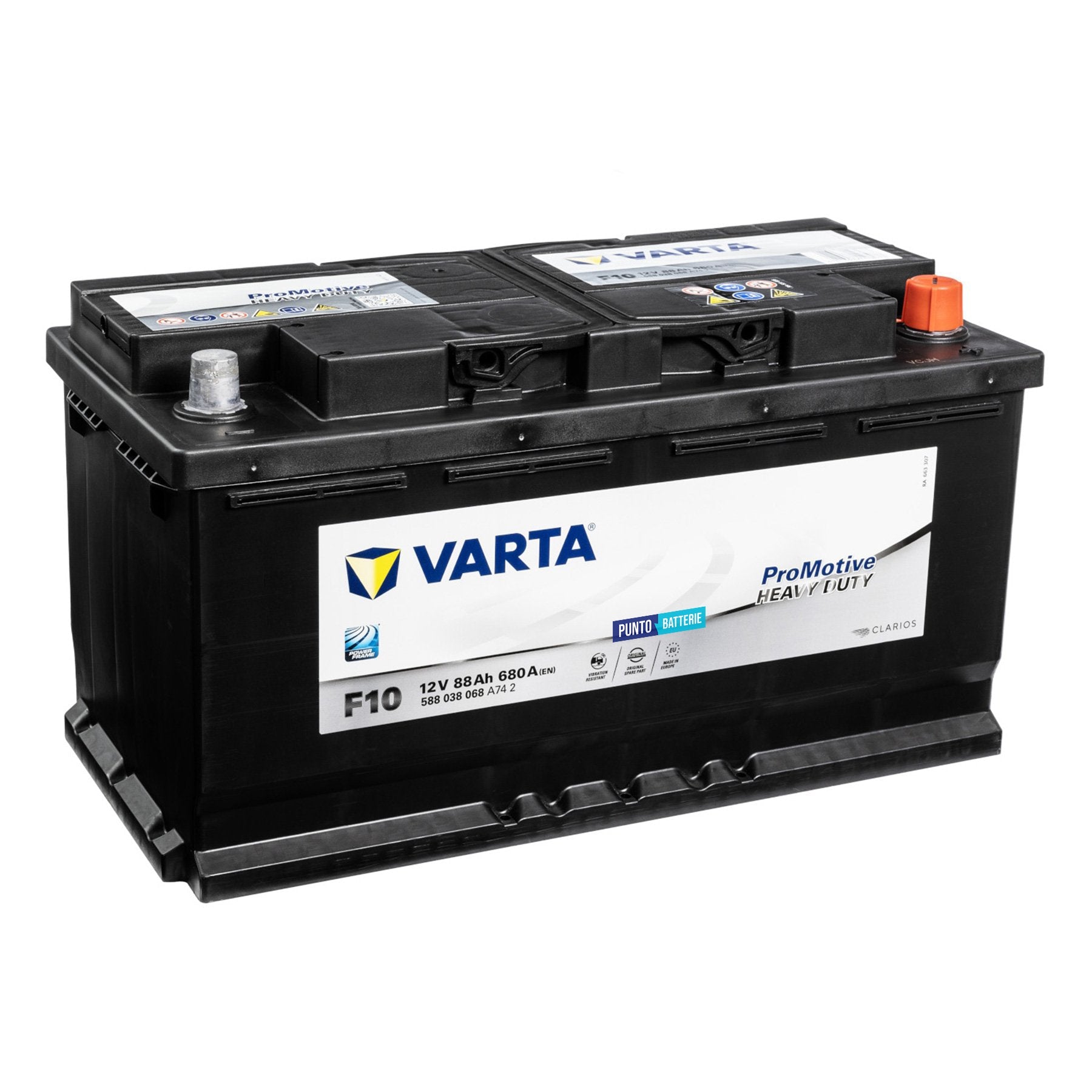 Batteria originale Varta Promotive Heavy Duty F10, dimensioni 353 x 175 x 190, polo positivo a destra, 12 volt, 88 amperora, 680 ampere. Batteria per camion e veicoli pesanti.