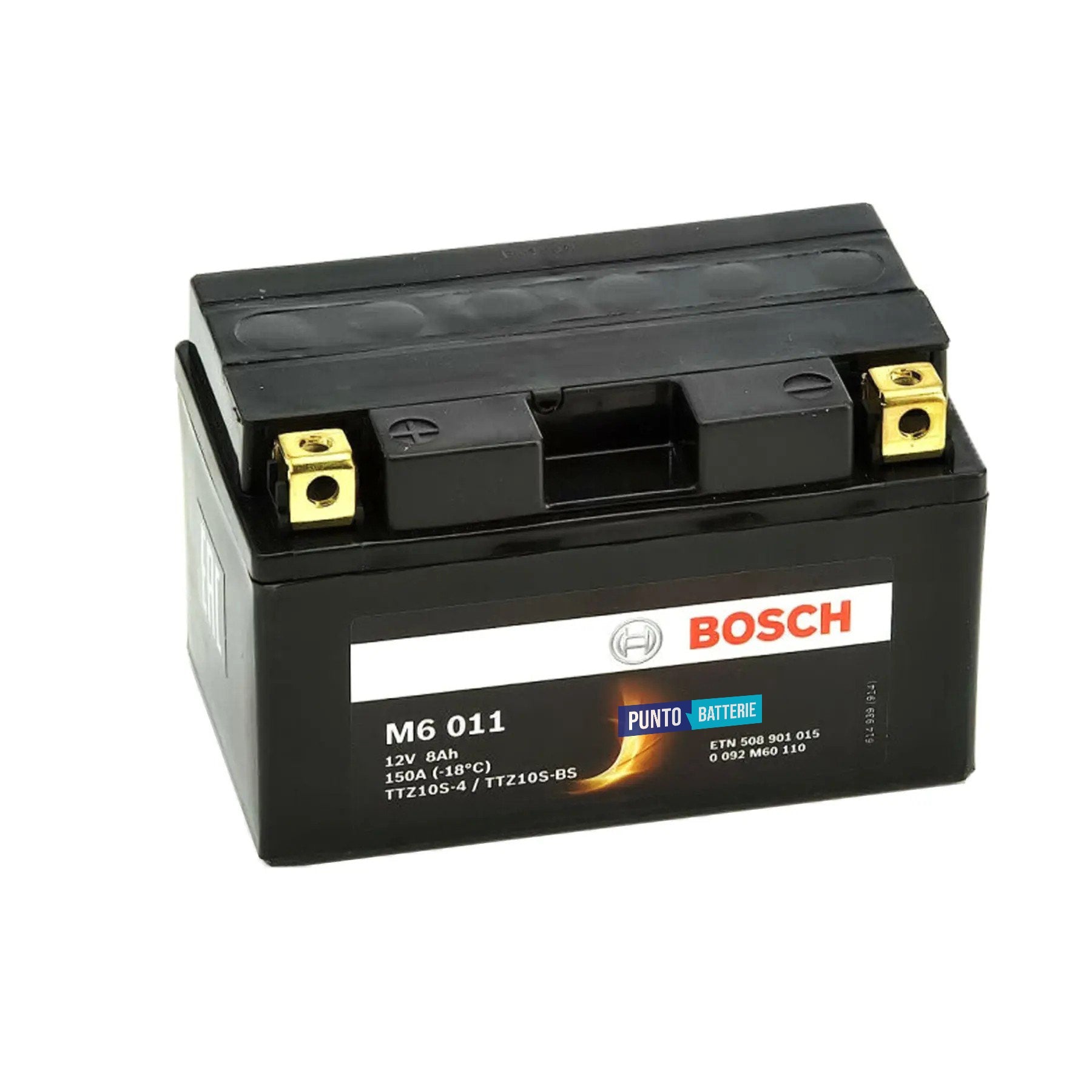 Batteria originale Bosch M6 M6011, dimensioni 150 x 65 x 93, polo positivo a sinistra, 12 volt, 8 amperora, 150 ampere. Batteria per moto, scooter e powersport.