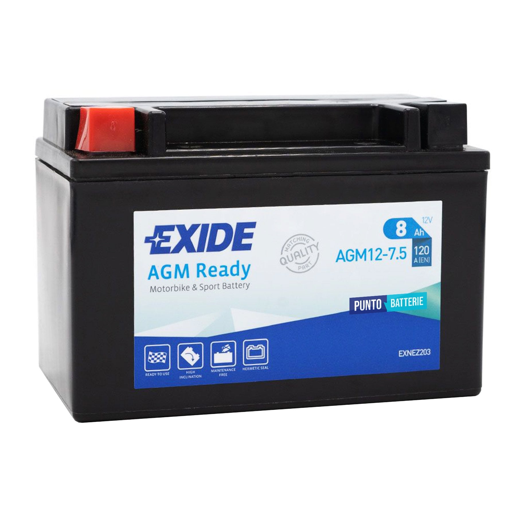 Batteria originale Exide AGM Ready AGM12-7-5, dimensioni 150 x 90 x 105, polo positivo a sinistra, 12 volt, 8 amperora, 120 ampere. Batteria per moto, scooter e powersport.