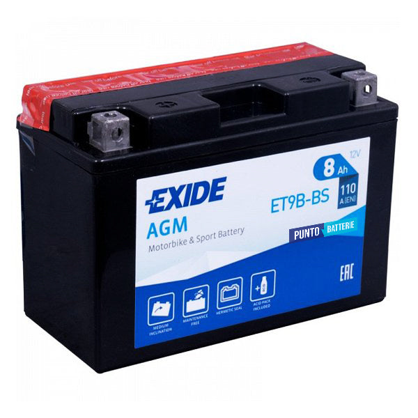 Batteria originale Exide AGM ET9B-BS, dimensioni 150 x 70 x 105, polo positivo a sinistra, 12 volt, 8 amperora, 110 ampere. Batteria per moto, scooter e powersport.