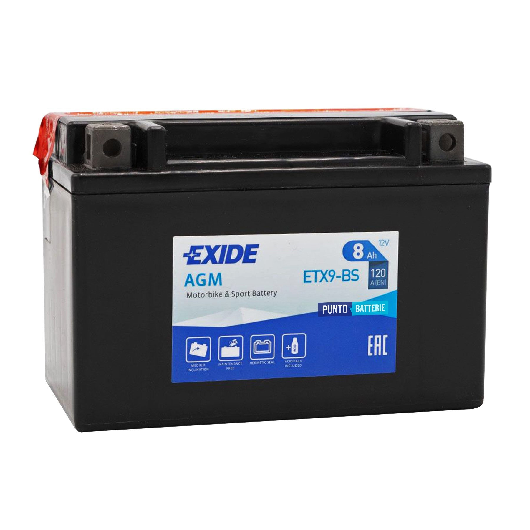 Batteria originale Exide AGM ETX9-BS, dimensioni 150 x 90 x 105, polo positivo a sinistra, 12 volt, 8 amperora, 120 ampere. Batteria per moto, scooter e powersport.