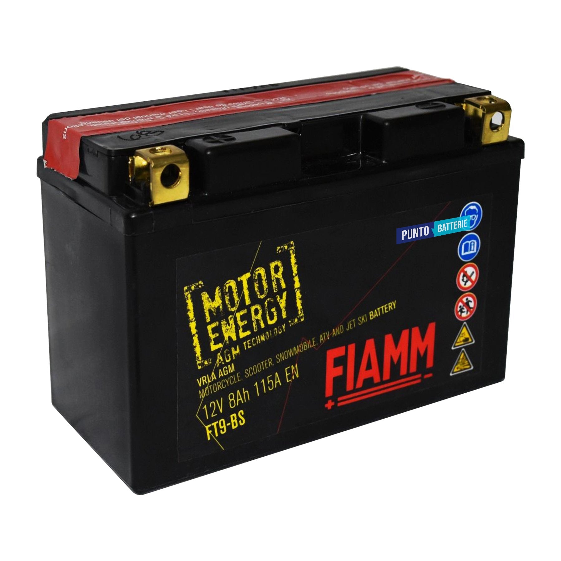 Batteria originale Fiamm Motor Energy AGM FT9-BS, dimensioni 150 x 65 x 93, polo positivo a sinistra, 12 volt, 8 amperora, 115 ampere. Batteria per moto, scooter e powersport.