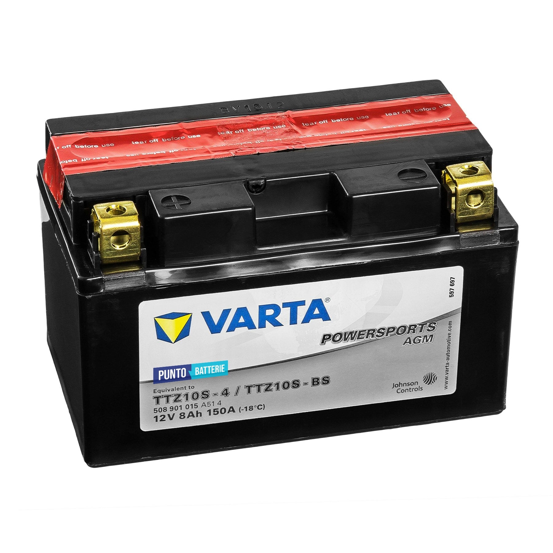 Batteria originale Varta Powersport AGM TTZ10S-4, dimensioni 150 x 87 x 93, polo positivo a sinistra, 12 volt, 8 amperora, 150 ampere. Batteria per moto, scooter e powersport.