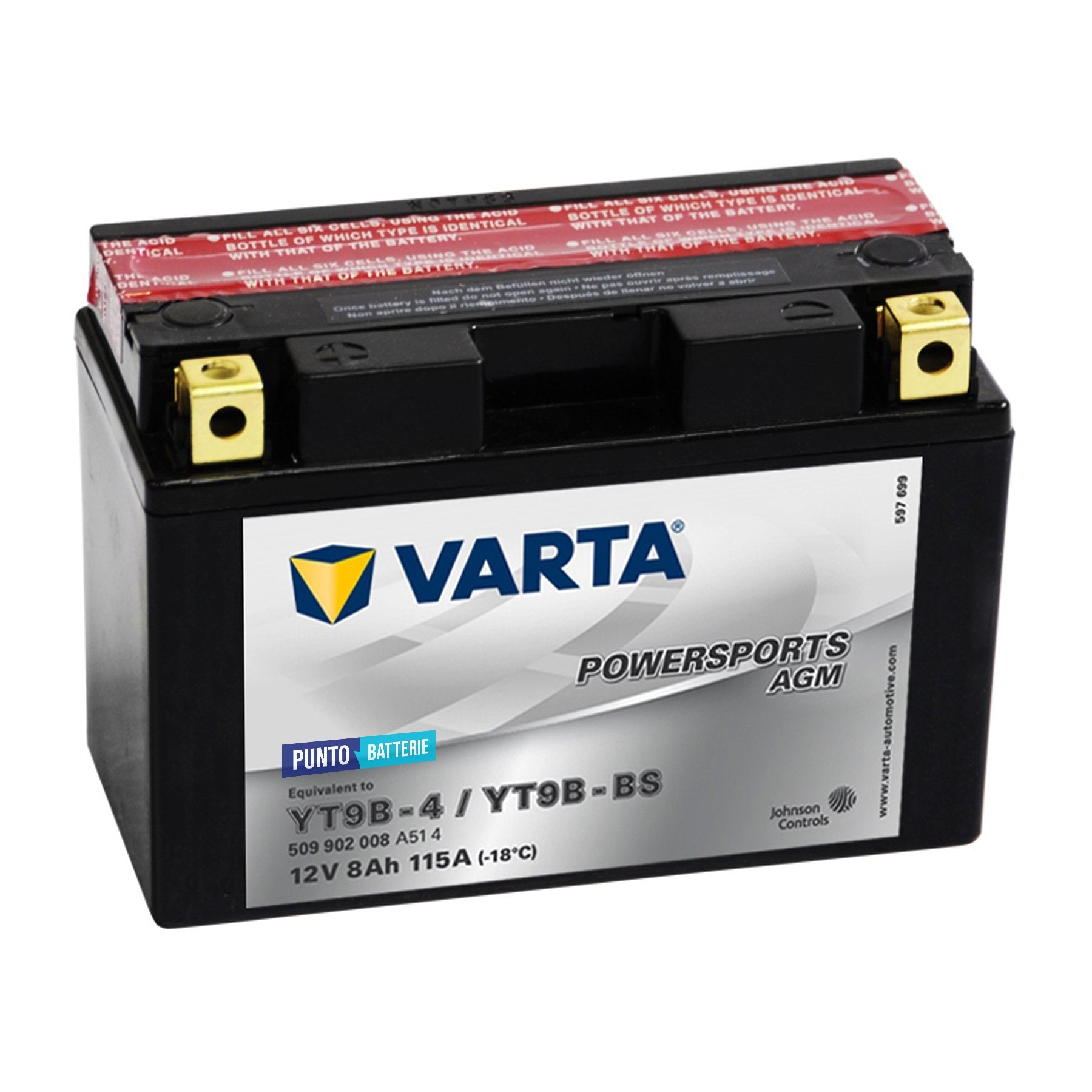 Batteria originale Varta Powersport AGM YT9B-4, dimensioni 150 x 87 x 93, polo positivo a sinistra, 12 volt, 8 amperora, 115 ampere. Batteria per moto, scooter e powersport.