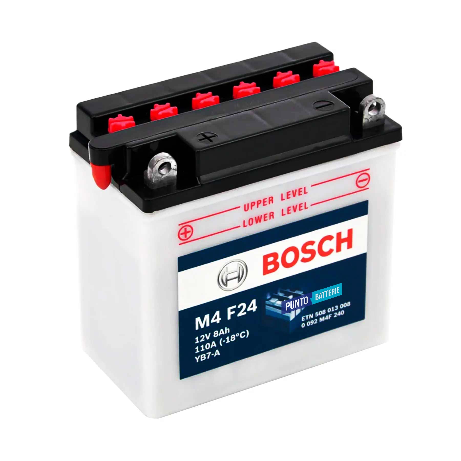 Batteria originale Bosch M4 M4F24, dimensioni 135 x 75 x 133, polo positivo a sinistra, 12 volt, 8 amperora, 110 ampere. Batteria per moto, scooter e powersport.