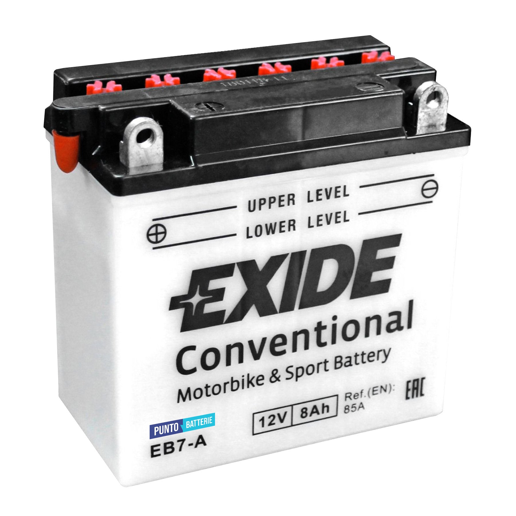 Batteria originale Exide Conventional EB7-A, dimensioni 135 x 75 x 135, polo positivo a sinistra, 12 volt, 8 amperora, 85 ampere. Batteria per moto, scooter e powersport.