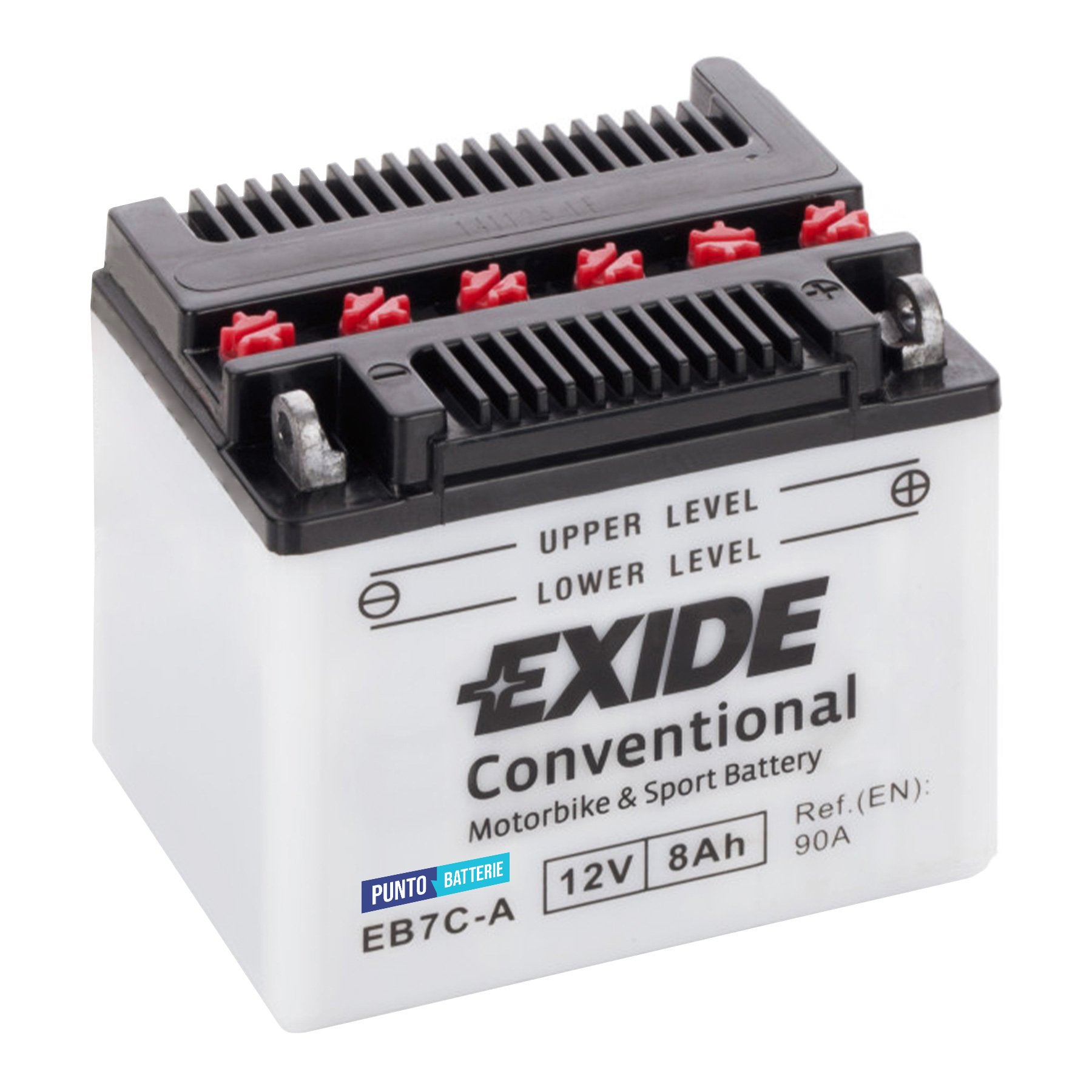 Batteria originale Exide Conventional EB7C-A, dimensioni 130 x 90 x 114, polo positivo a destra, 12 volt, 8 amperora, 90 ampere. Batteria per moto, scooter e powersport.