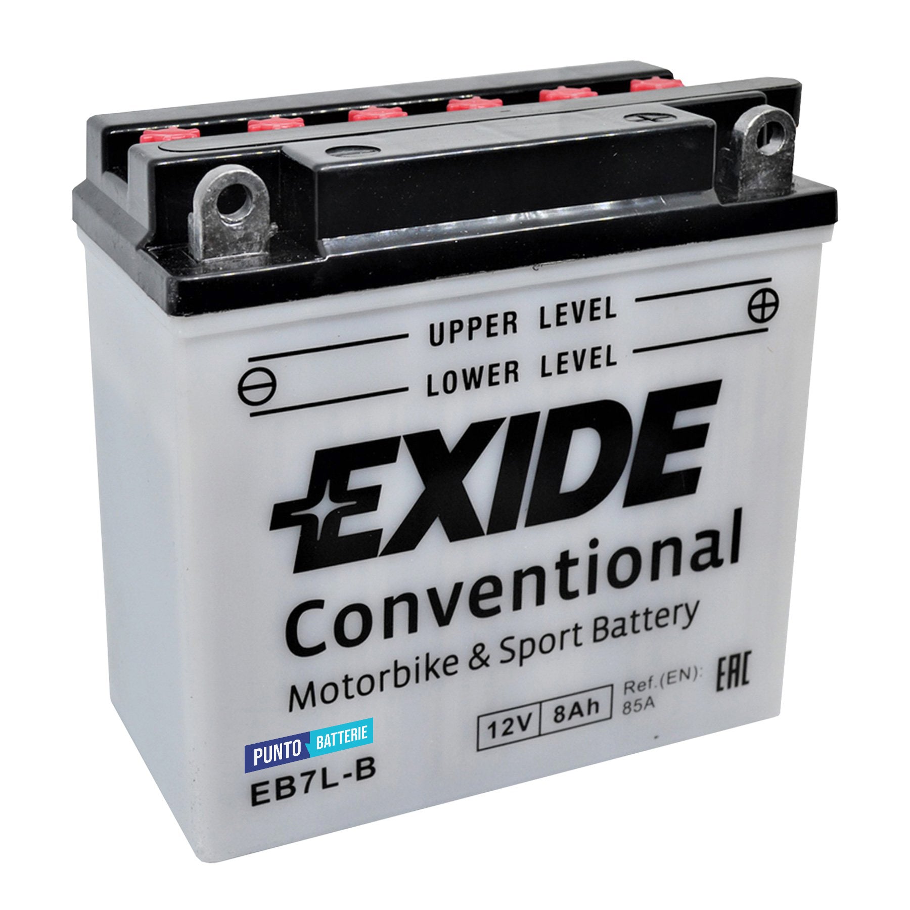 Batteria originale Exide Conventional EB7L-B, dimensioni 135 x 75 x 135, polo positivo a destra, 12 volt, 8 amperora, 85 ampere. Batteria per moto, scooter e powersport.