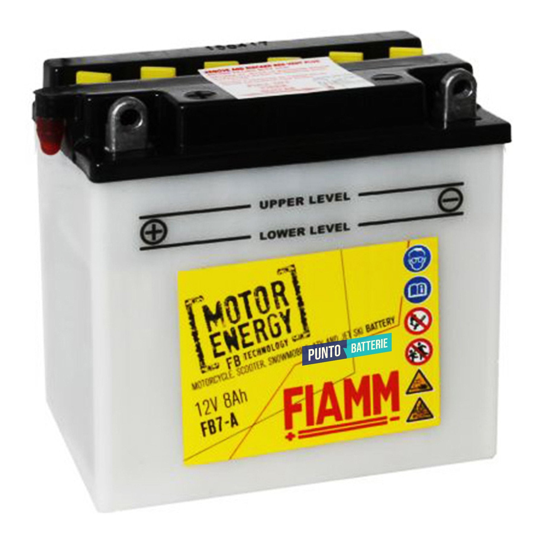 Batteria originale Fiamm Motor Energy FB FB7-A, dimensioni 135 x 75 x 133, polo positivo a sinistra, 12 volt, 8 amperora, 110 ampere. Batteria per moto, scooter e powersport.