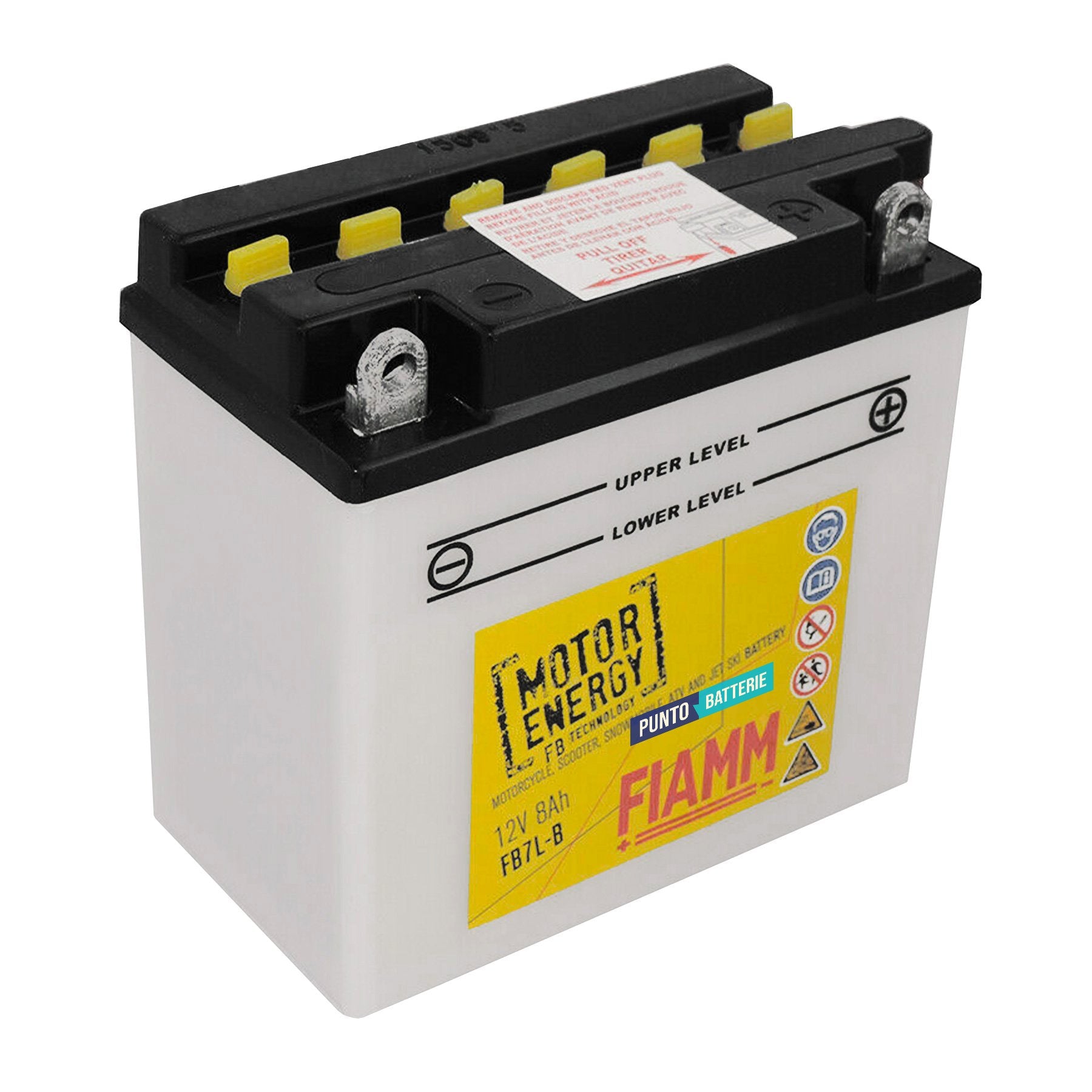Batteria originale Fiamm Motor Energy FB FB7L-B, dimensioni 135 x 75 x 133, polo positivo a destra, 12 volt, 8 amperora, 110 ampere. Batteria per moto, scooter e powersport.