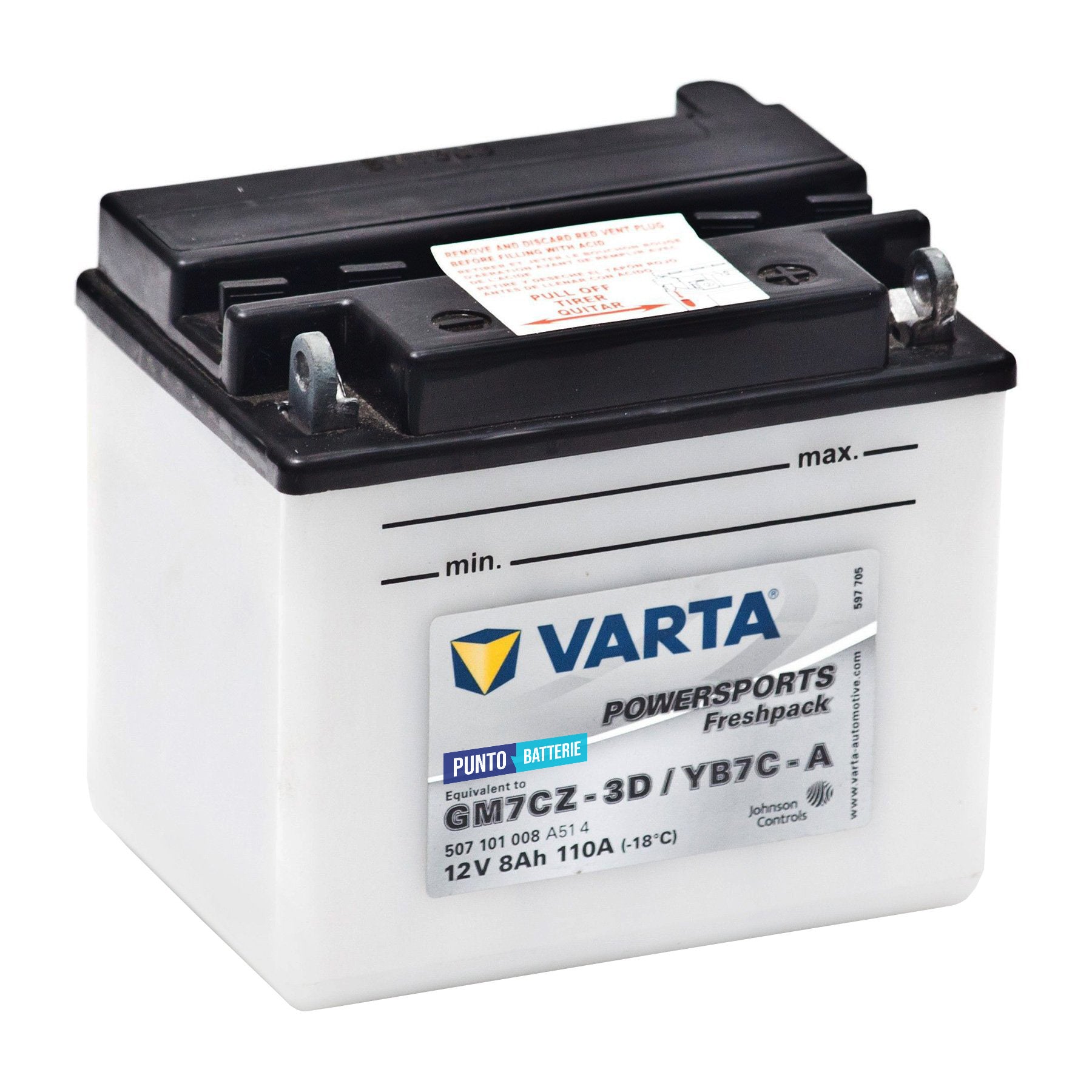 Batteria originale Varta Powersport Freshpack GM7CZ-3D, dimensioni 130 x 90 x 114, polo positivo a destra, 12 volt, 8 amperora, 110 ampere. Batteria per moto, scooter e powersport.
