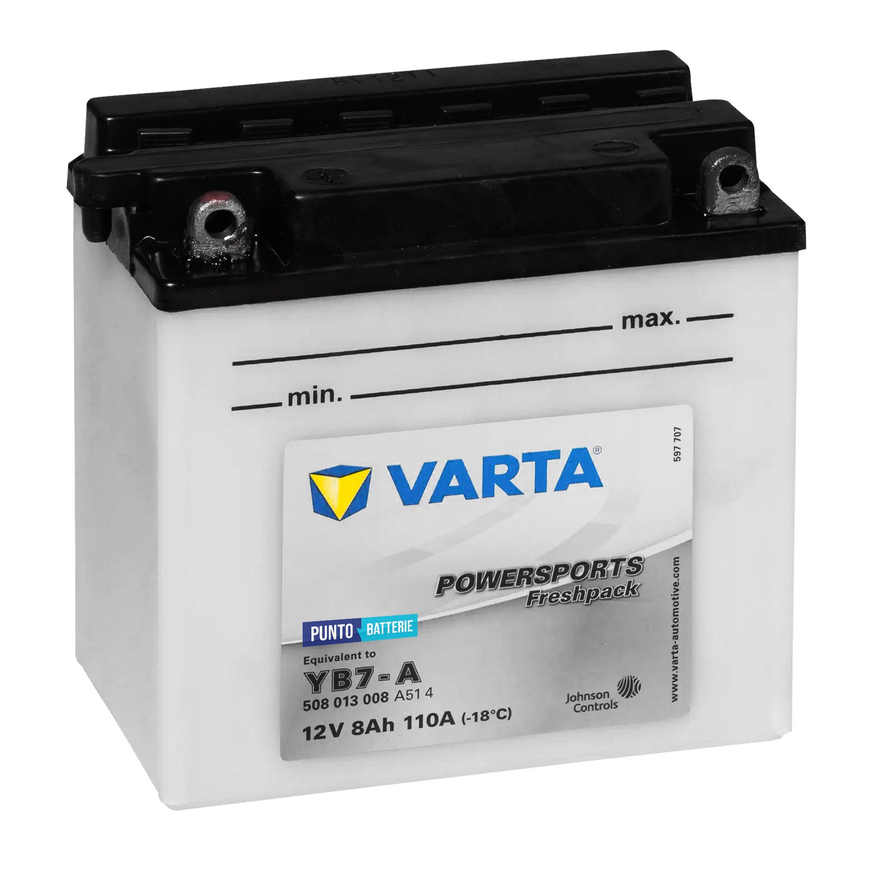 Batteria originale Varta Powersport Freshpack YB7-A, dimensioni 137 x 76 x 134, polo positivo a sinistra, 12 volt, 8 amperora, 110 ampere. Batteria per moto, scooter e powersport.