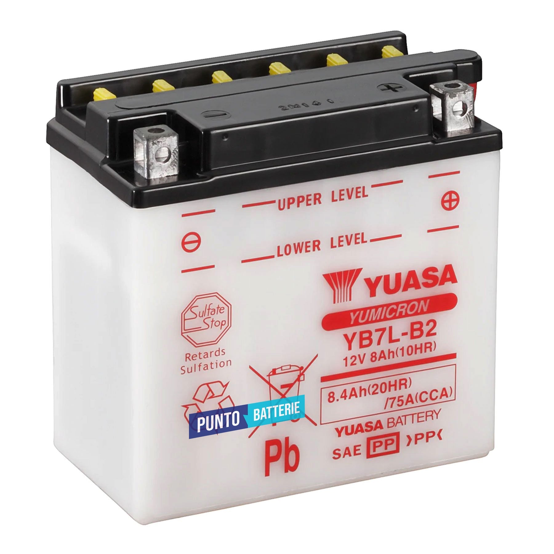 Batteria originale Yuasa YuMicron YB7L-B2, dimensioni 135 x 75 x 133, polo positivo a destra, 12 volt, 8 amperora, 75 ampere. Batteria per moto, scooter e powersport.