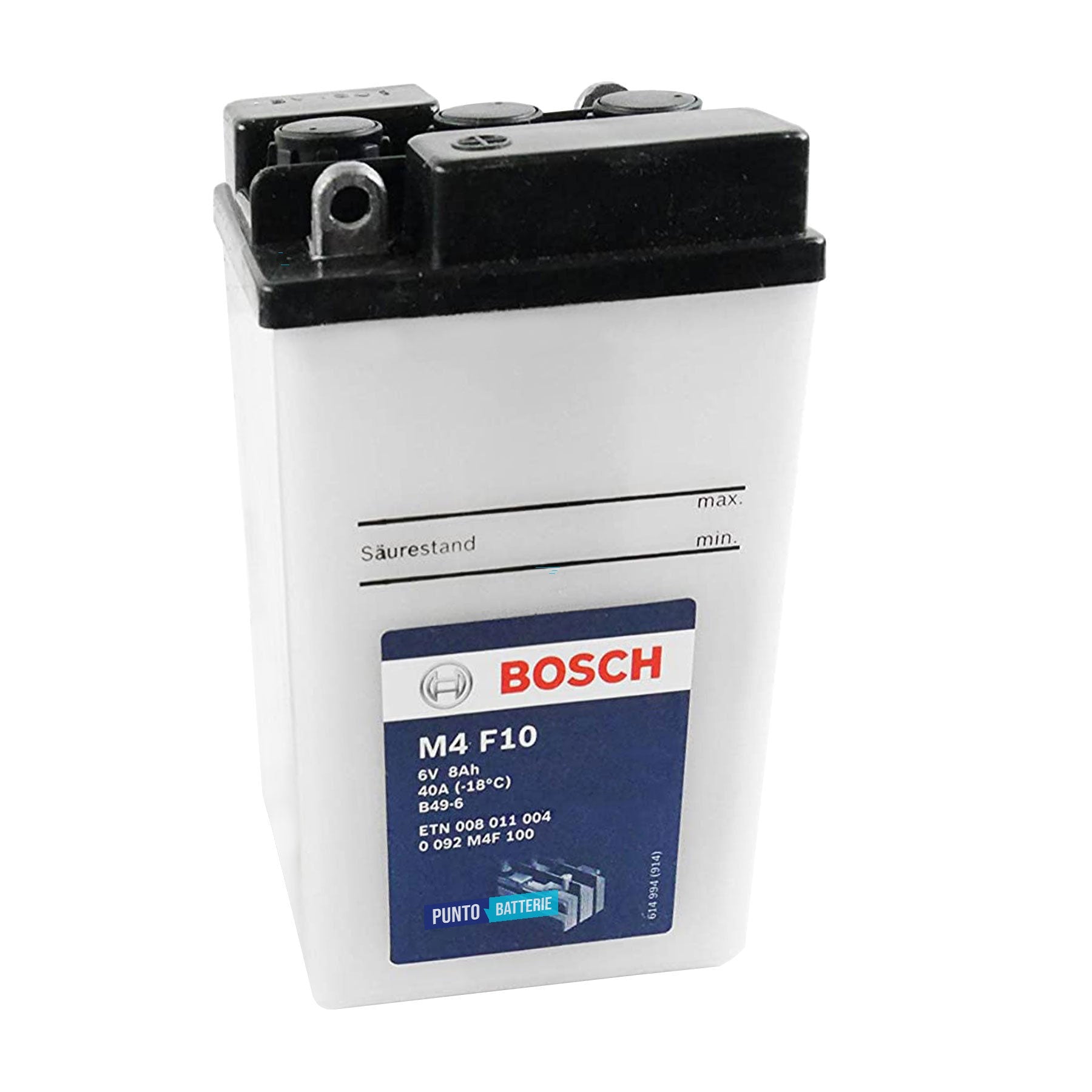 Batteria originale Bosch M4 M4F10, dimensioni 91 x 83 x 160, polo positivo a sinistra, 6 volt, 8 amperora, 40 ampere. Batteria per moto, scooter e powersport.