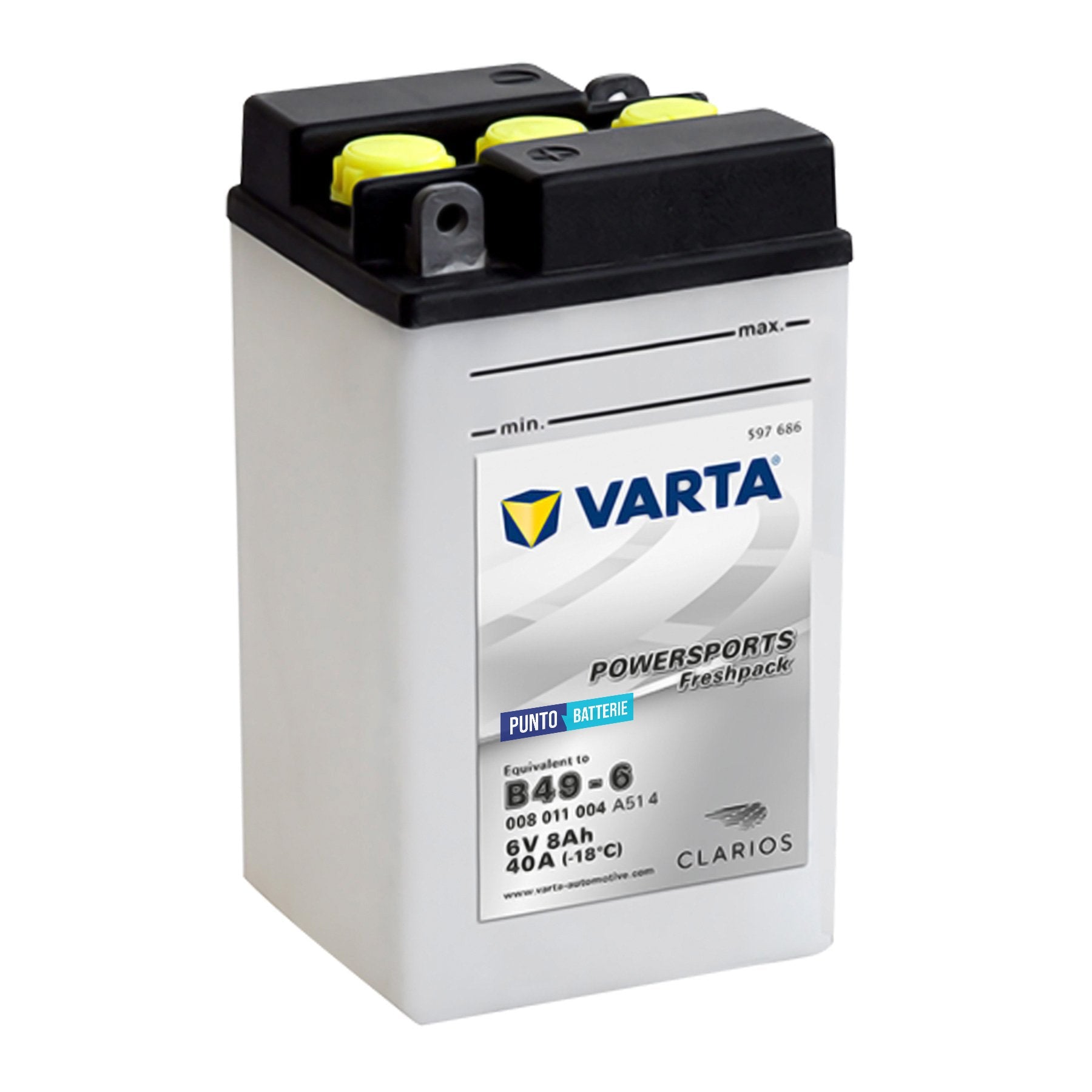 Batteria originale Varta Powersport Freshpack B49-6, dimensioni 136 x 82 x 161, polo positivo a sinistra, 6 volt, 8 amperora, 40 ampere. Batteria per moto, scooter e powersport.