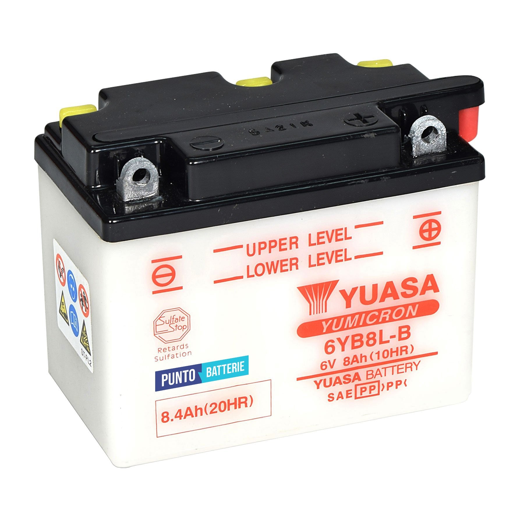 Batteria originale Yuasa Conventional 6YB8L-B, dimensioni 120 x 70 x 95, polo positivo a destra, 6 volt, 8 amperora. Batteria per moto, scooter e powersport.