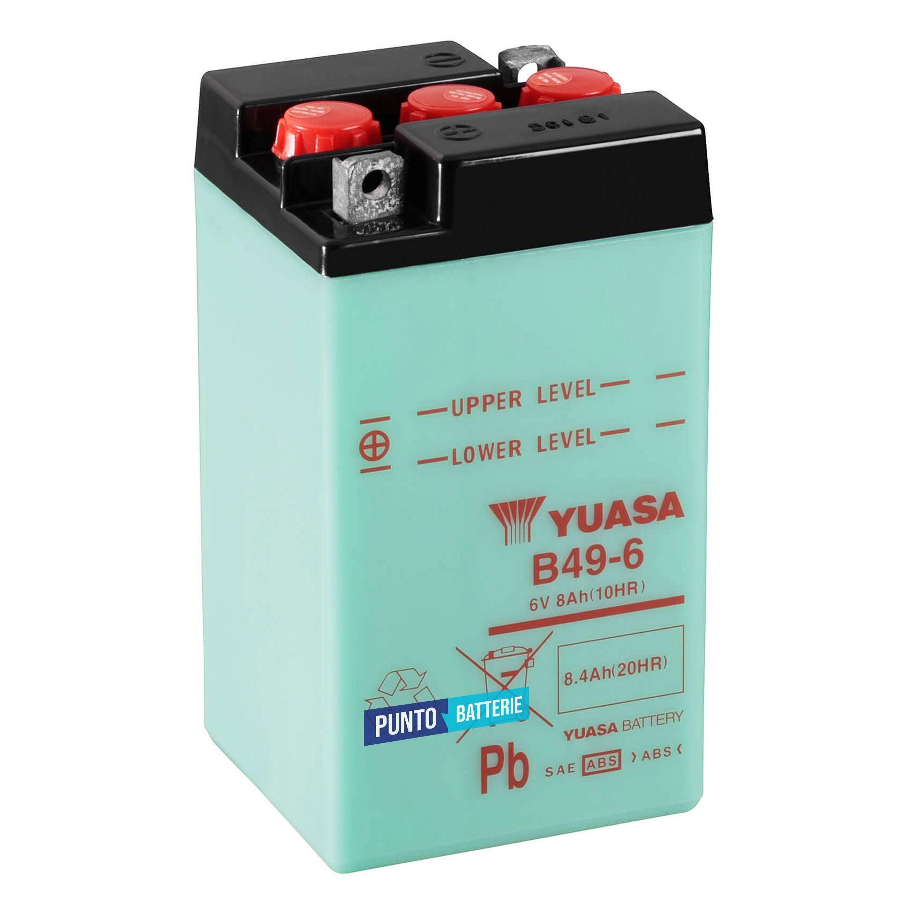 Batteria originale Yuasa Conventional B49-6, dimensioni 91 x 83 x 161, polo positivo a sinistra, 6 volt, 8 amperora. Batteria per moto, scooter e powersport.