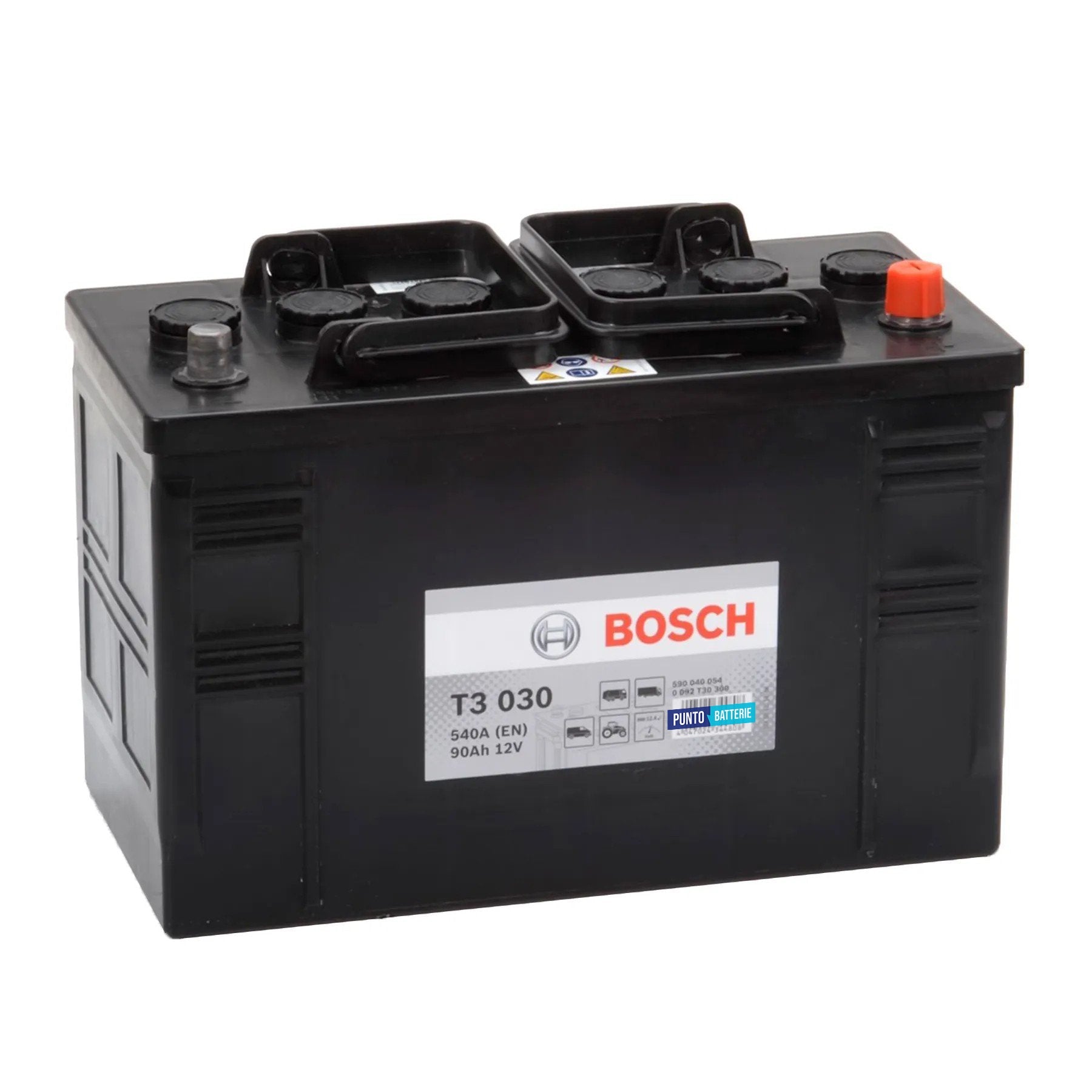 Batteria originale Bosch T3 T3030, dimensioni 346 x 173 x 236, polo positivo a destra, 12 volt, 90 amperora, 540 ampere. Batteria per camion e veicoli pesanti.