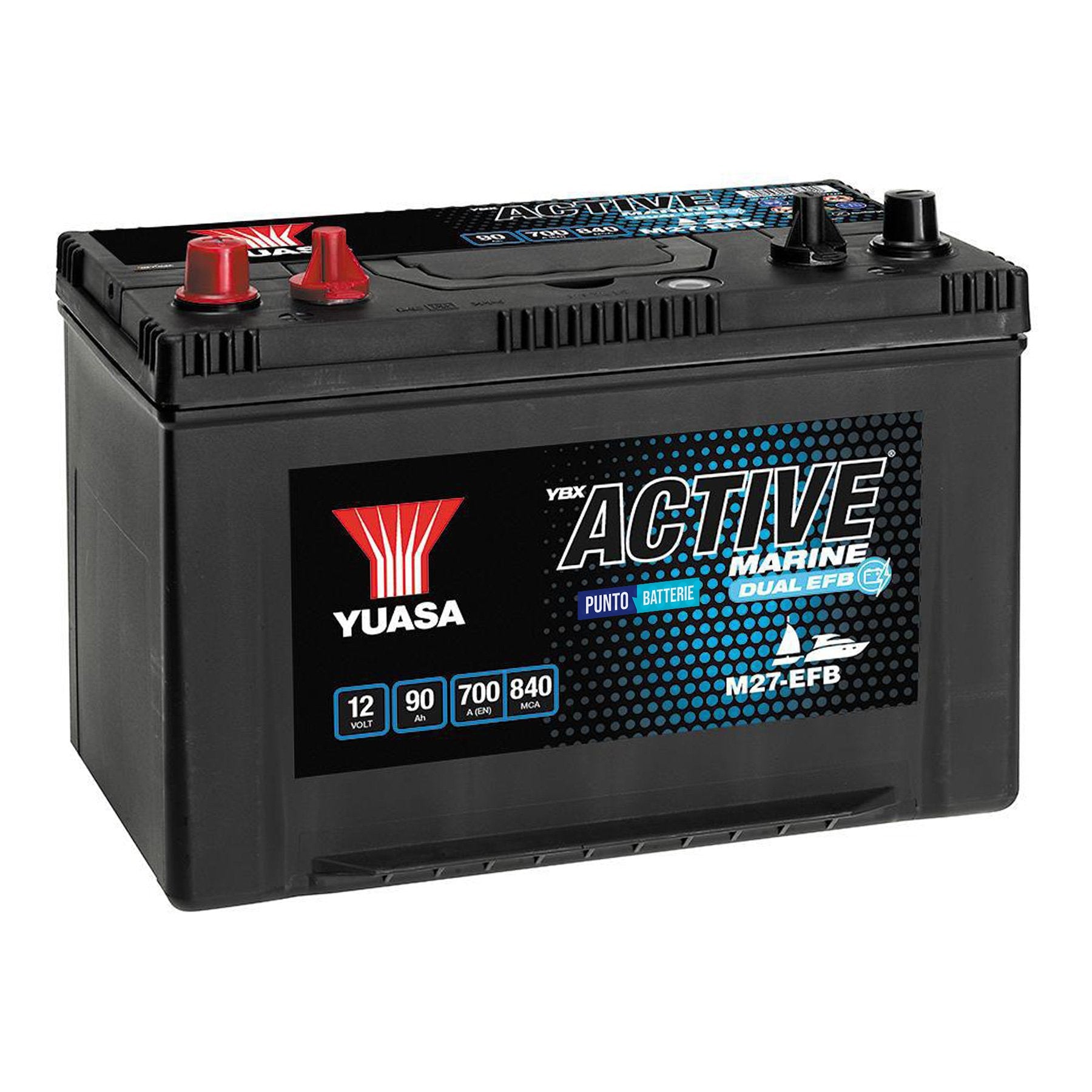 Batteria originale Yuasa YBX ACTIVE Marine DUAL EFB M27-EFB, dimensioni 304 x 173 x 225, 12 volt, 90 amperora, EFB. Batteria per servizi di camper, barca e applicazioni a scarica lenta.