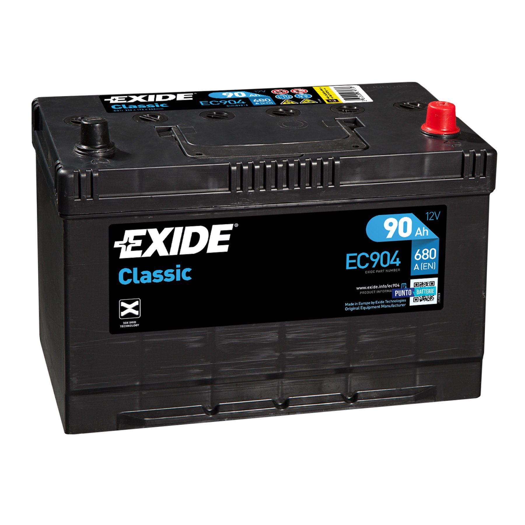 Batteria originale Exide Classic EC904, dimensioni 306 x 173 x 222, polo positivo a destra, 12 volt, 90 amperora, 680 ampere. Batteria per auto e veicoli leggeri.