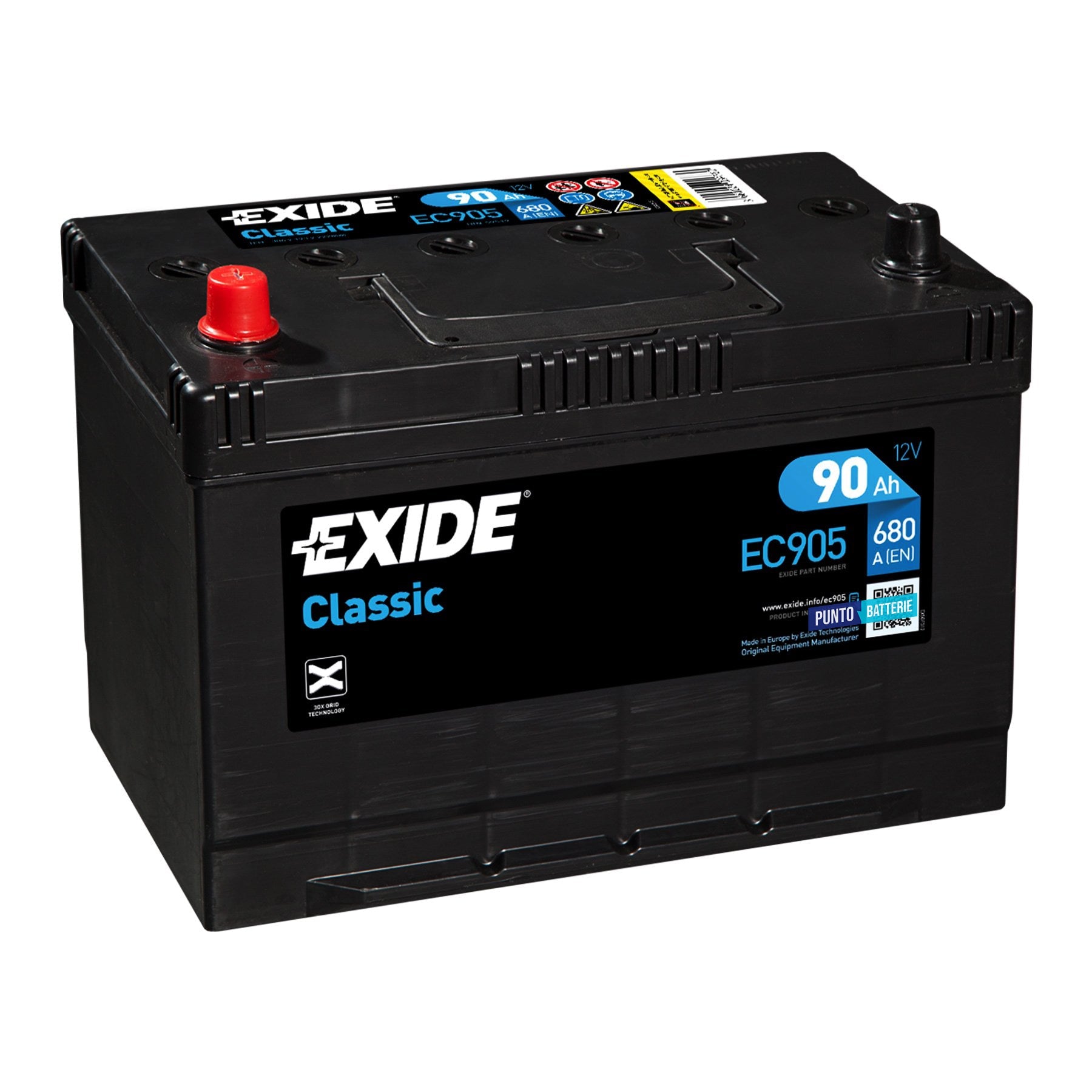 Batteria originale Exide Classic EC905, dimensioni 306 x 173 x 222, polo positivo a sinistra, 12 volt, 90 amperora, 680 ampere. Batteria per auto e veicoli leggeri.
