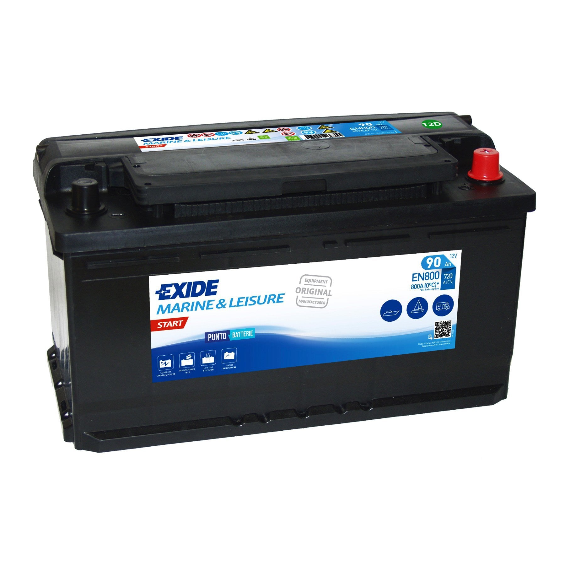 Batteria originale Exide Start EN800, dimensioni 353 x 175 x 190, 12 volt, 90 amperora. Batteria per nautica e campeggio.
