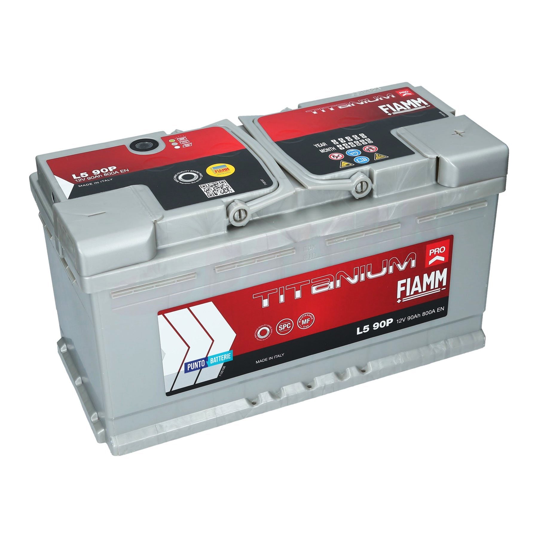 Batteria originale Fiamm Titanium PRO L5 90P, dimensioni 353 x 175 x 190, polo positivo a destra, 12 volt, 90 amperora, 800 ampere. Batteria per auto e veicoli leggeri.