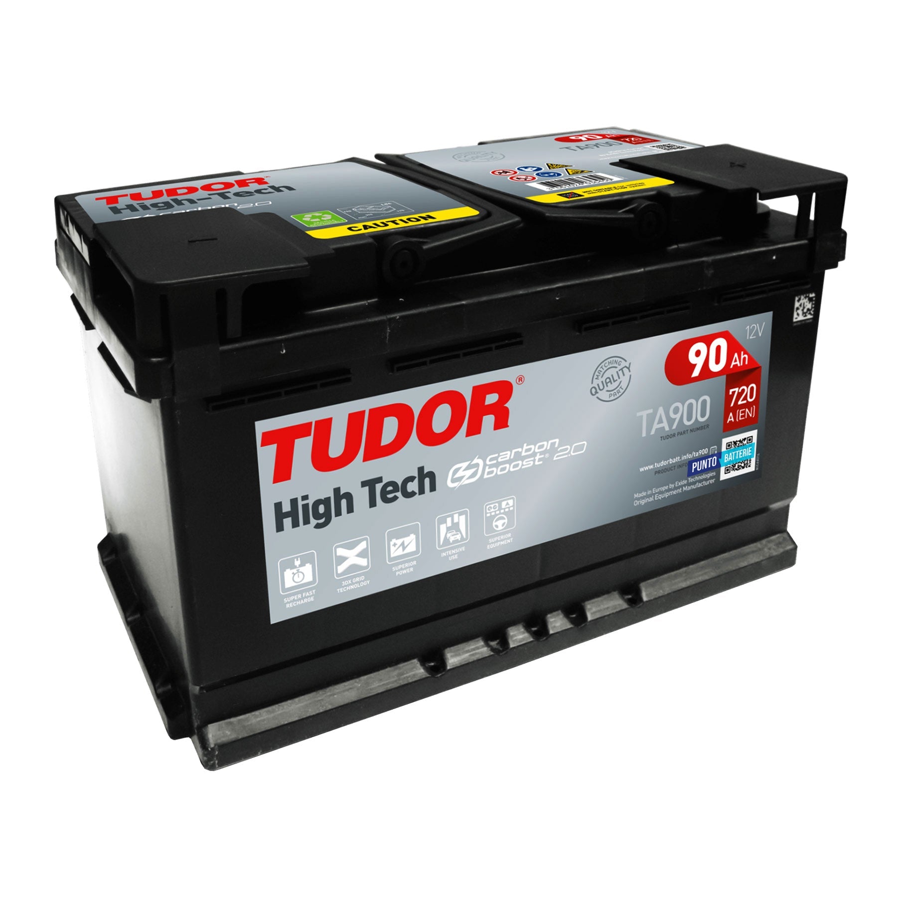 Batteria originale Tudor High Tech TA900, dimensioni 315 x 175 x 190, polo positivo a destra, 12 volt, 90 amperora, 720 ampere. Batteria per auto e veicoli leggeri.