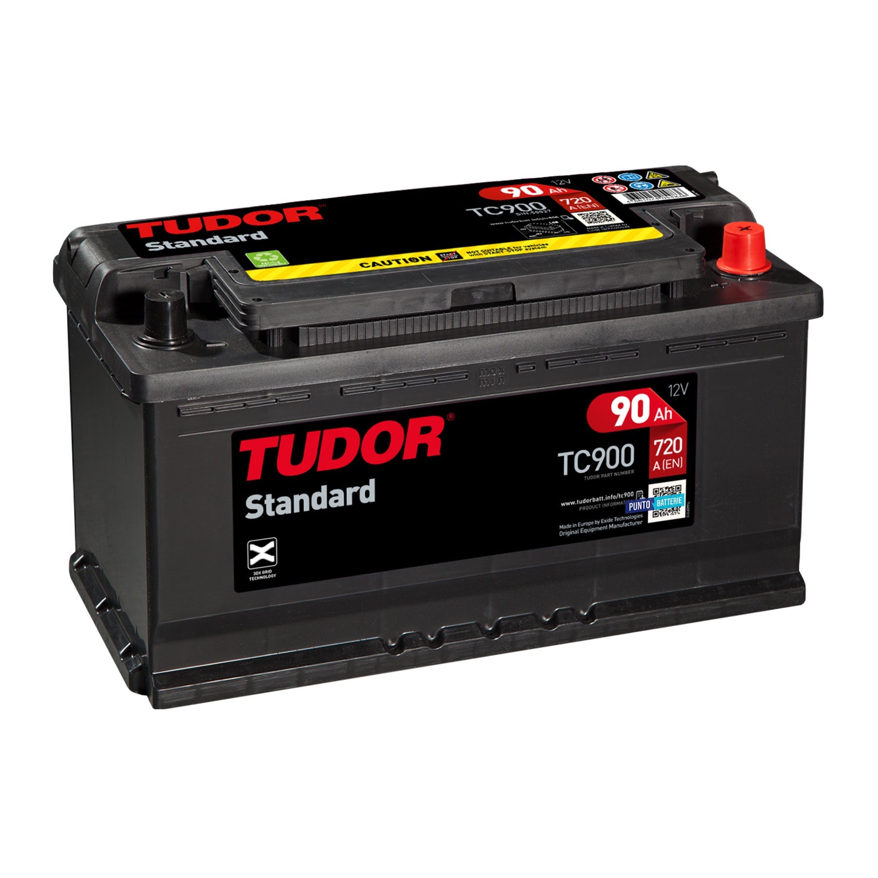 Batteria originale Tudor Standard TC900, dimensioni 353 x 175 x 190, polo positivo a destra, 12 volt, 90 amperora, 720 ampere. Batteria per auto e veicoli leggeri.