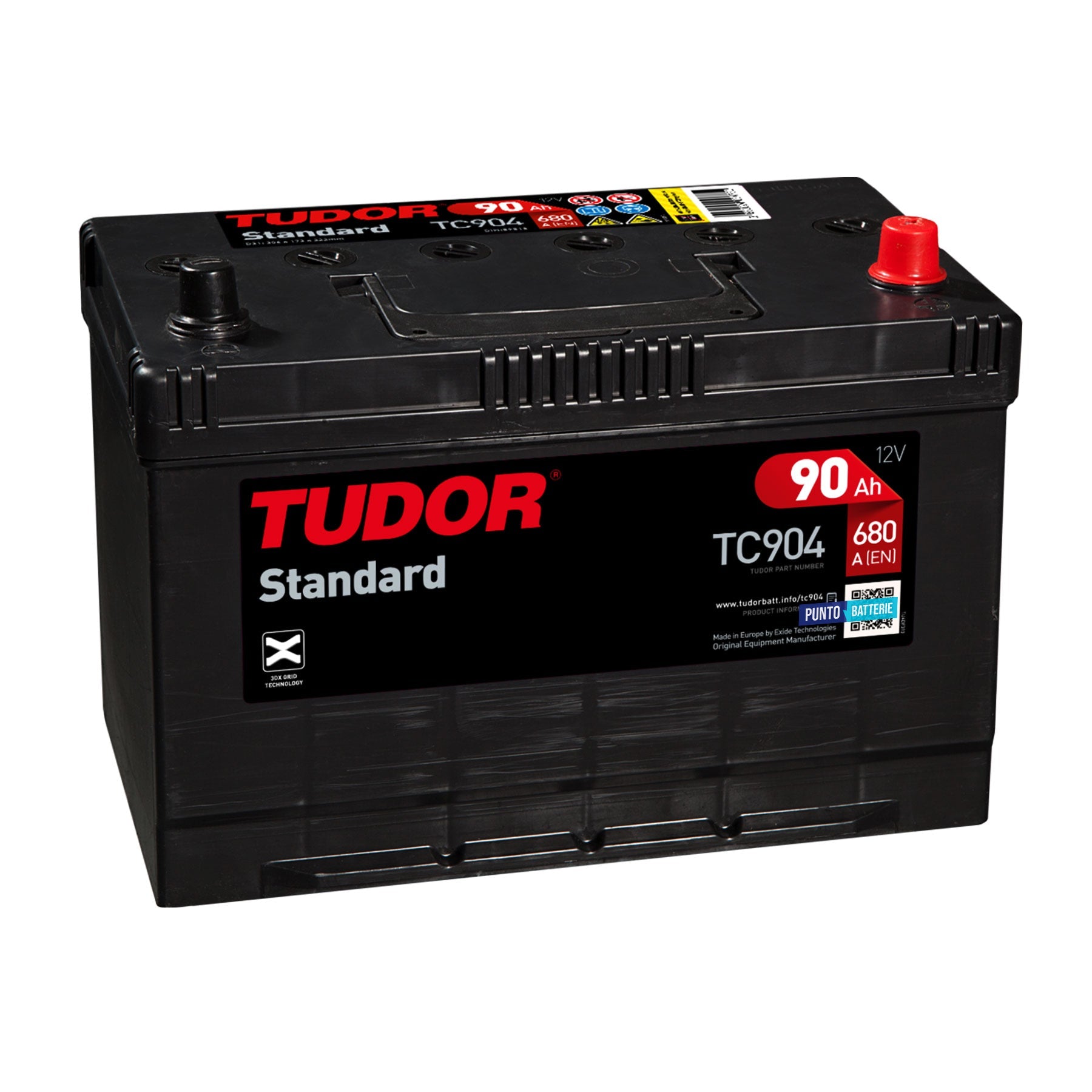 Batteria originale Tudor Standard TC904, dimensioni 306 x 173 x 222, polo positivo a destra, 12 volt, 90 amperora, 680 ampere. Batteria per auto e veicoli leggeri.