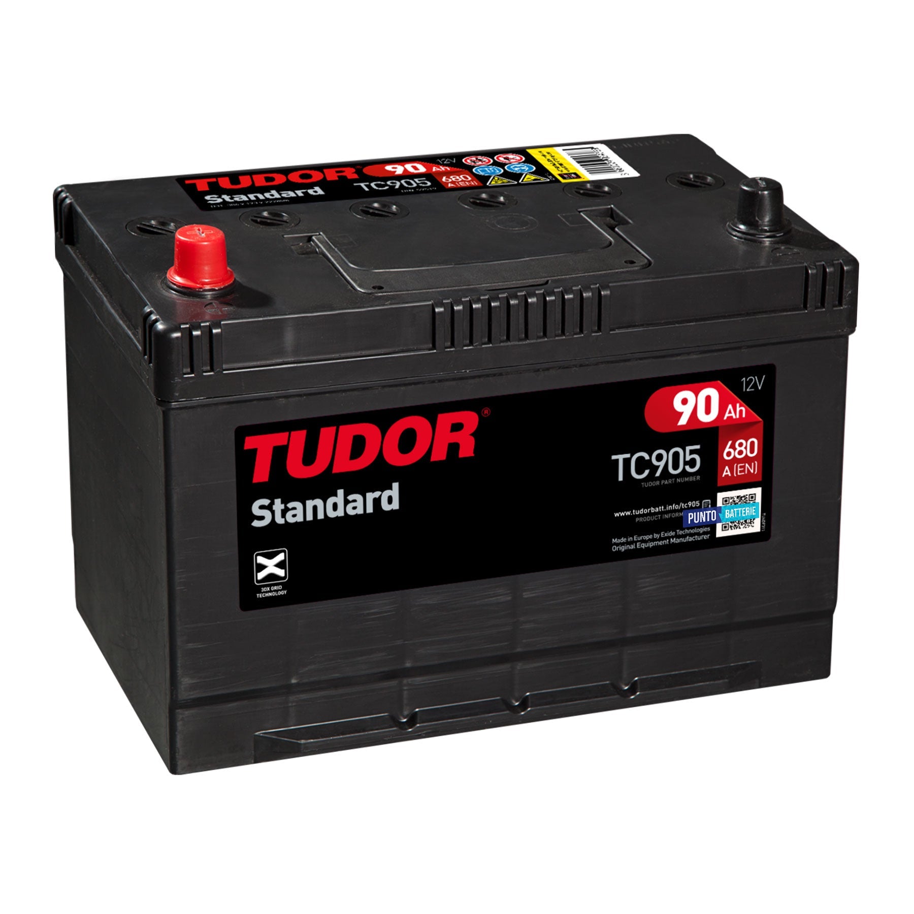 Batteria originale Tudor Standard TC905, dimensioni 306 x 173 x 222, polo positivo a sinistra, 12 volt, 90 amperora, 680 ampere. Batteria per auto e veicoli leggeri.