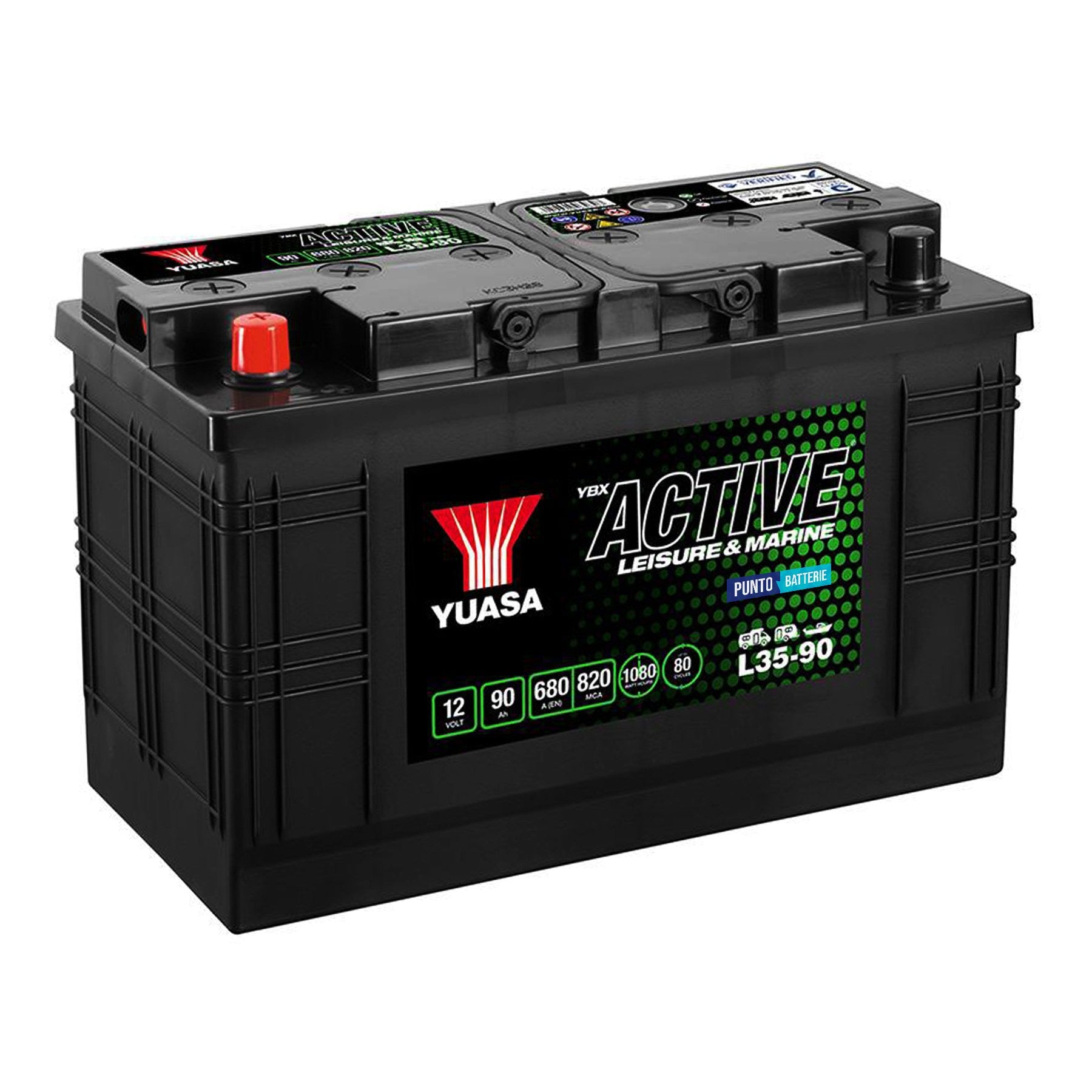 Batteria originale Yuasa YBX ACTIVE Leisure e Marine L35-90, dimensioni 352 x 175 x 227, 12 volt, 90 amperora. Batteria per servizi di camper, barca e applicazioni a scarica lenta.