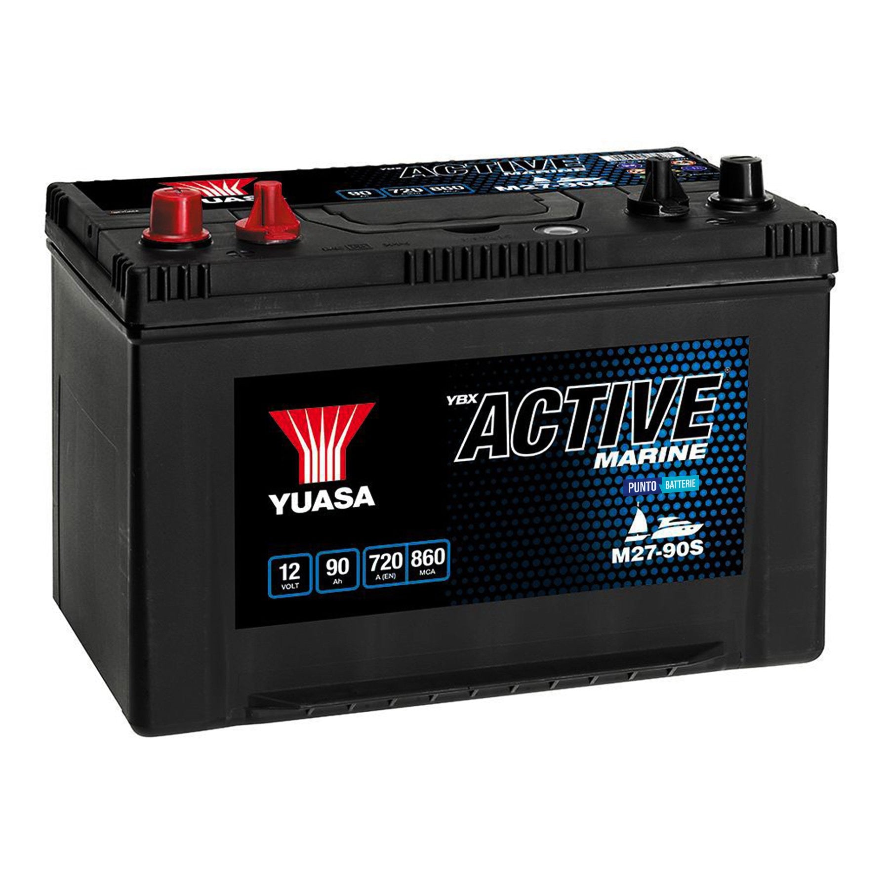 Batteria originale Yuasa YBX ACTIVE Marine Start M27-90S, dimensioni 304 x 173 x 225, 12 volt, 90 amperora. Batteria per servizi di camper, barca e applicazioni a scarica lenta.