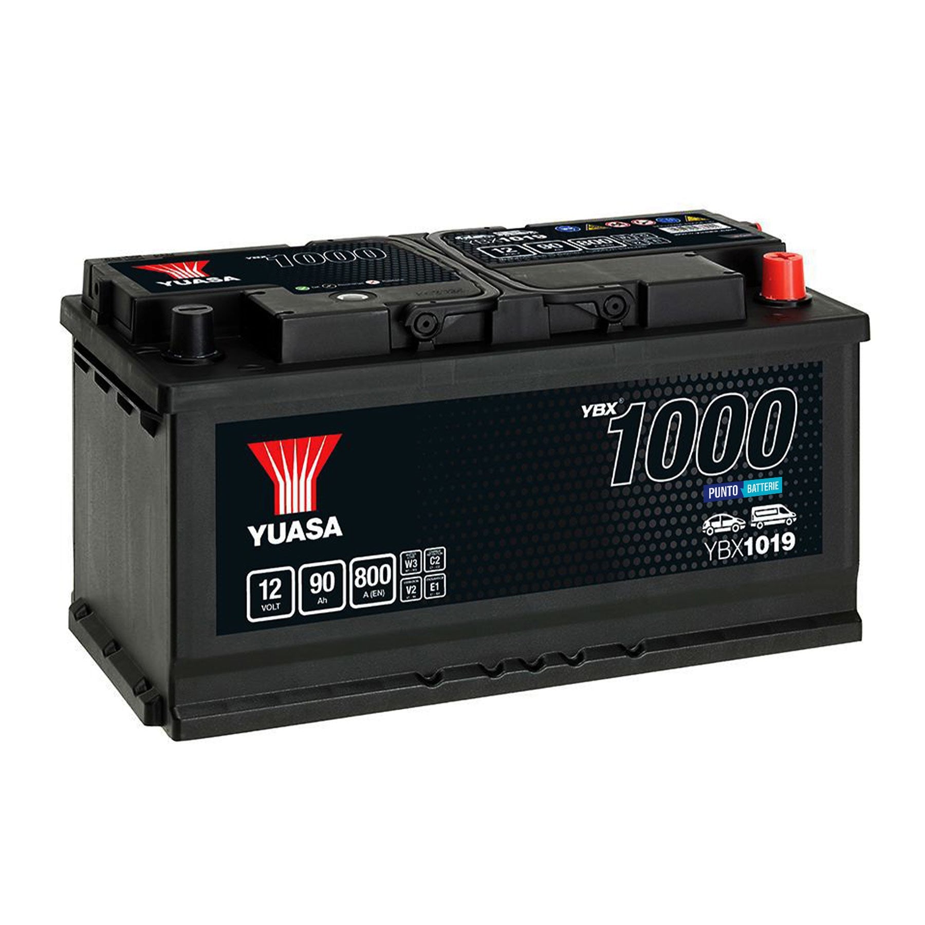 Batteria originale Yuasa YBX1000 YBX1019, dimensioni 353 x 175 x 190, polo positivo a destra, 12 volt, 90 amperora, 800 ampere. Batteria per auto e veicoli leggeri.