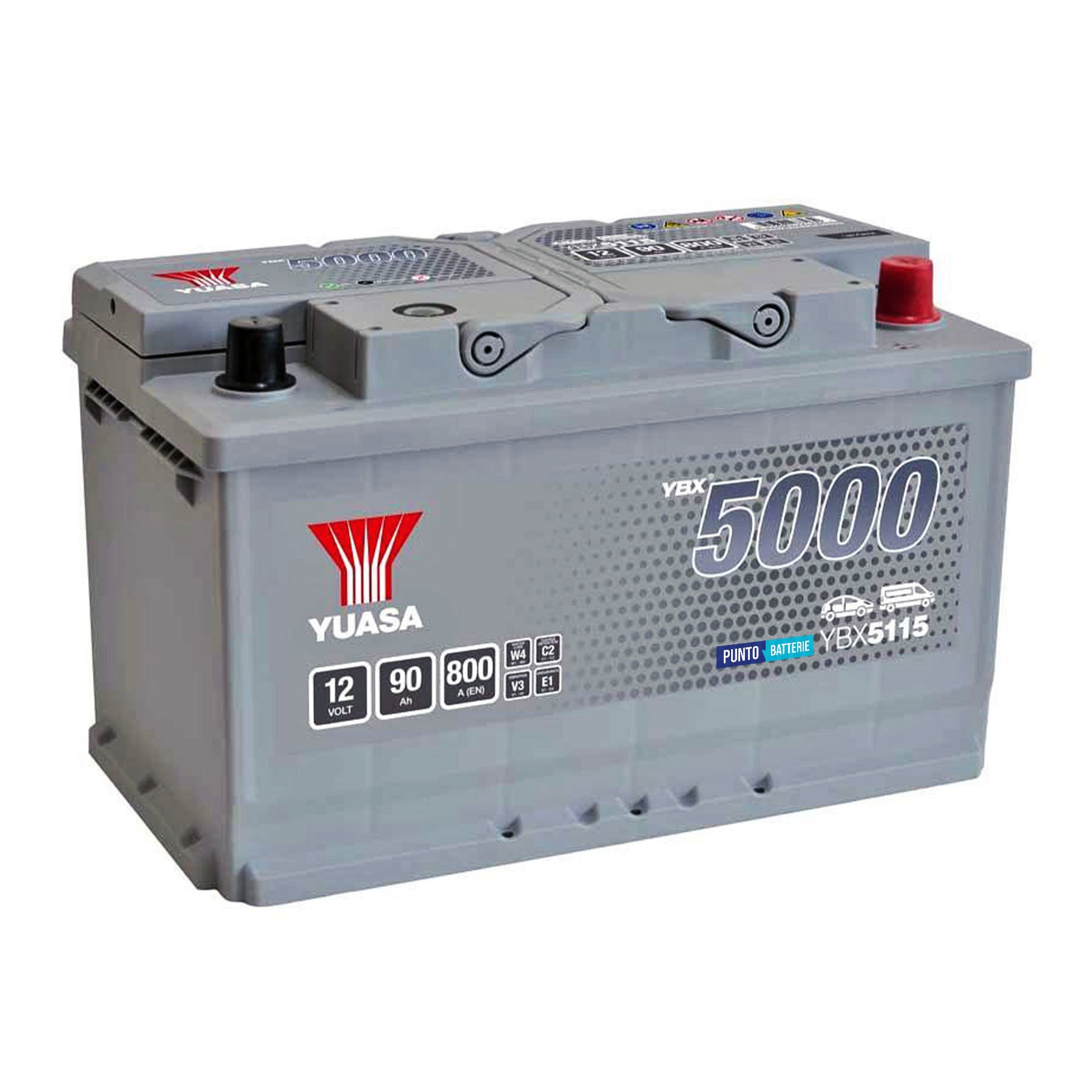 Batteria originale Yuasa YBX5000 YBX5115, dimensioni 315 x 175 x 190, polo positivo a destra, 12 volt, 90 amperora, 800 ampere. Batteria per auto e veicoli leggeri.