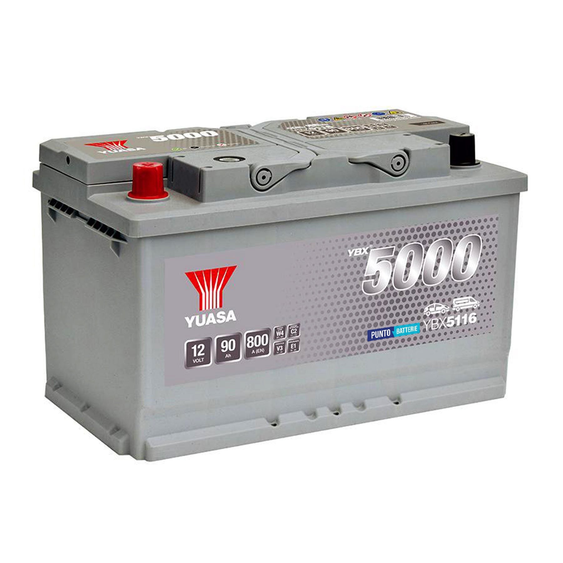 Batteria originale Yuasa YBX5000 YBX5116, dimensioni 315 x 175 x 190, polo positivo a sinistra, 12 volt, 90 amperora, 800 ampere. Batteria per auto e veicoli leggeri.