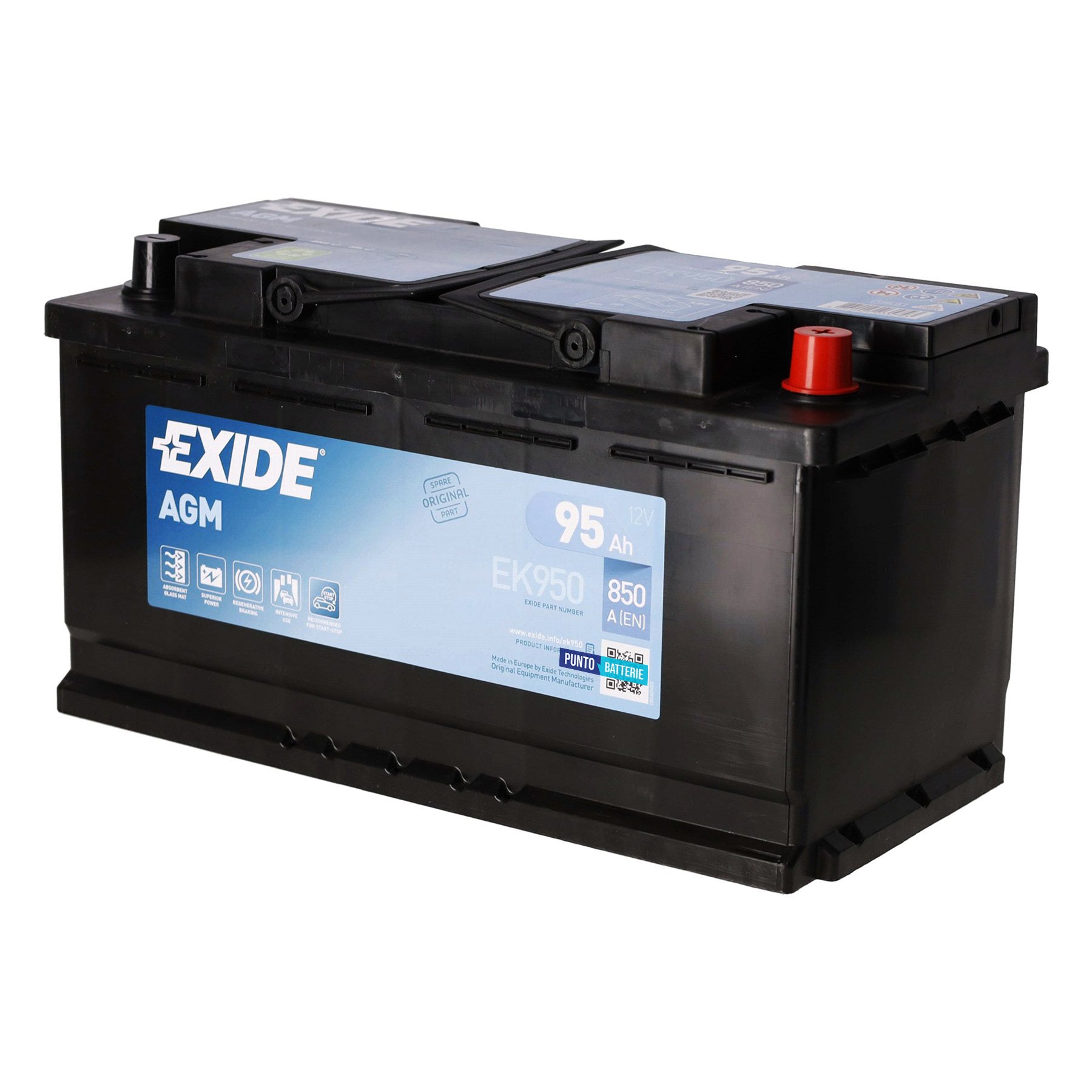 Batteria originale Exide AGM EK950, dimensioni 353 x 175 x 190, polo positivo a destra, 12 volt, 95 amperora, 850 ampere, AGM. Batteria per auto e veicoli leggeri con start e stop.