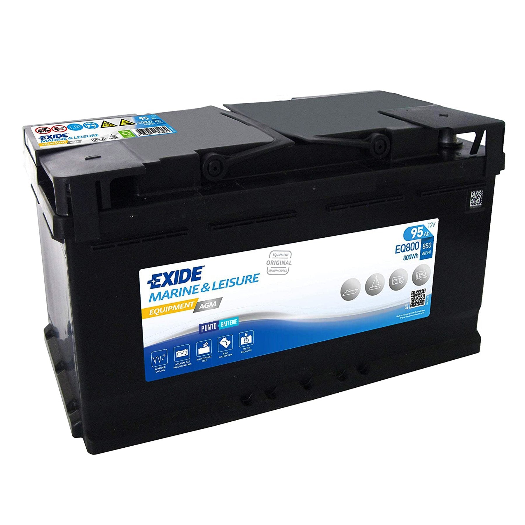 Batteria originale Exide Equipment AGM EQ800, dimensioni 353 x 175 x 190, 12 volt, 95 amperora, AGM. Batteria per servizi di camper, barca e applicazioni a scarica lenta.