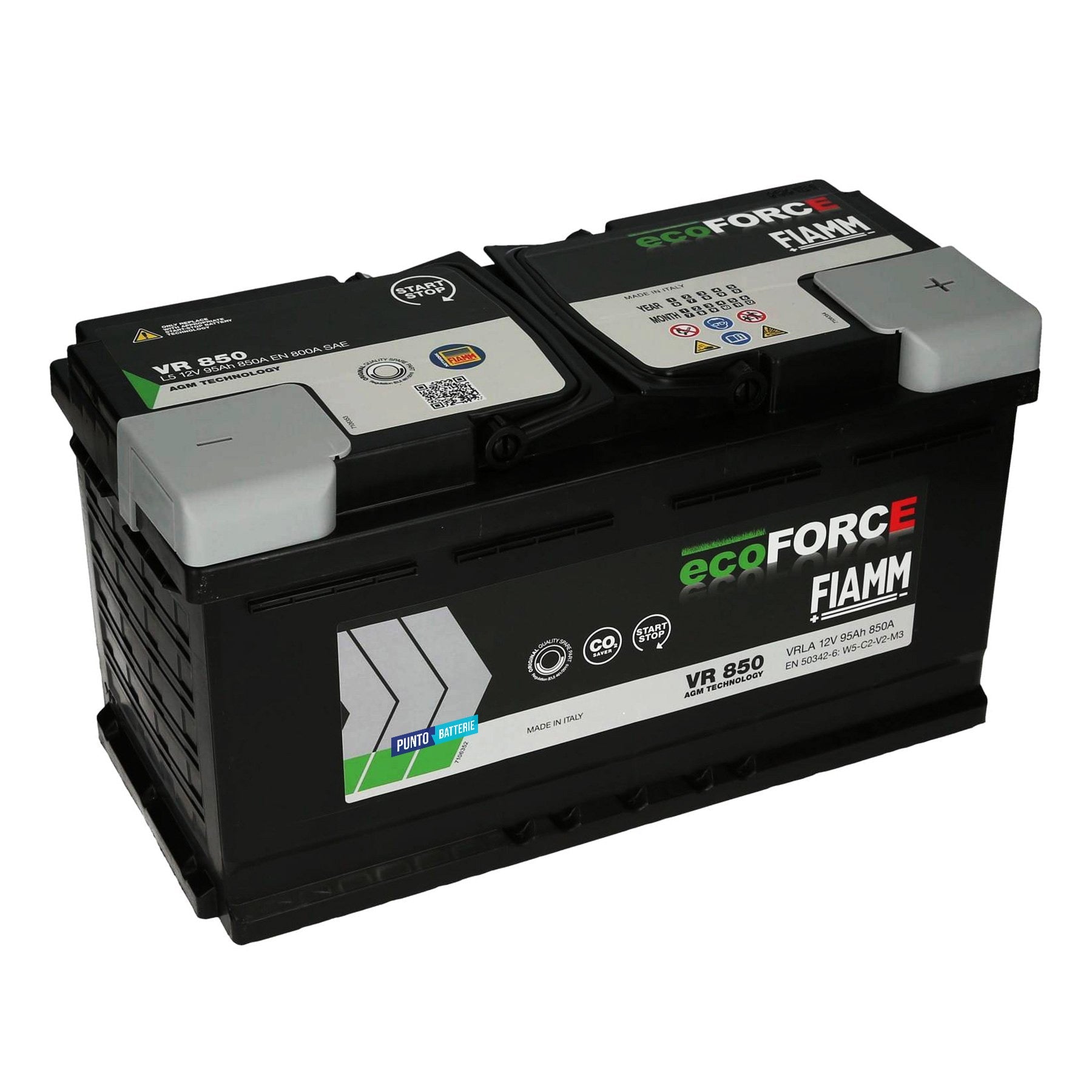 Batteria originale Fiamm EcoFORCE AGM VR 850, dimensioni 353 x 175 x 190, polo positivo a destra, 12 volt, 95 amperora, 850 ampere, AGM. Batteria per auto e veicoli leggeri con start e stop.