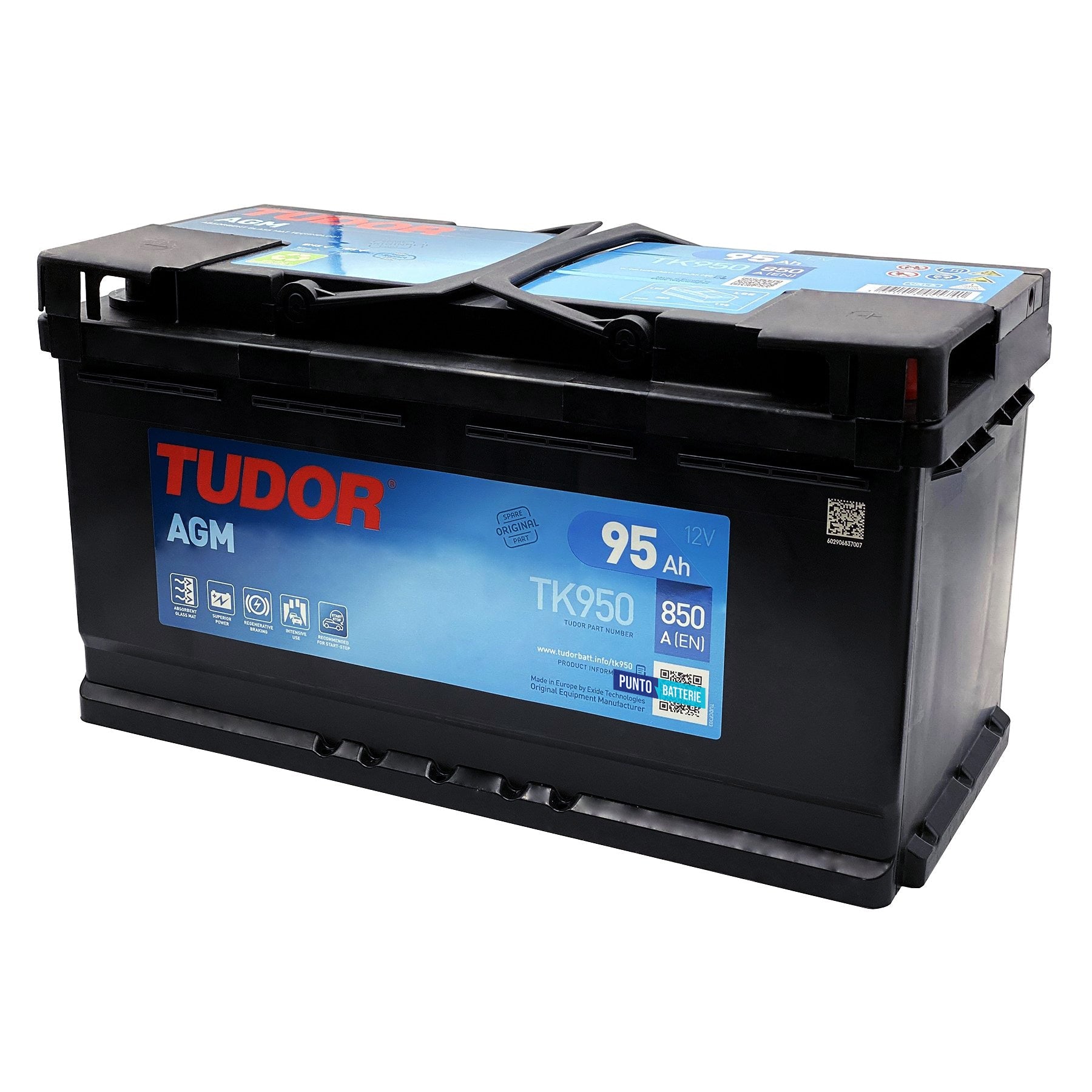 Batteria originale Tudor AGM TK950, dimensioni 353 x 175 x 190, polo positivo a destra, 12 volt, 95 amperora, 850 ampere, AGM. Batteria per auto e veicoli leggeri con start e stop.