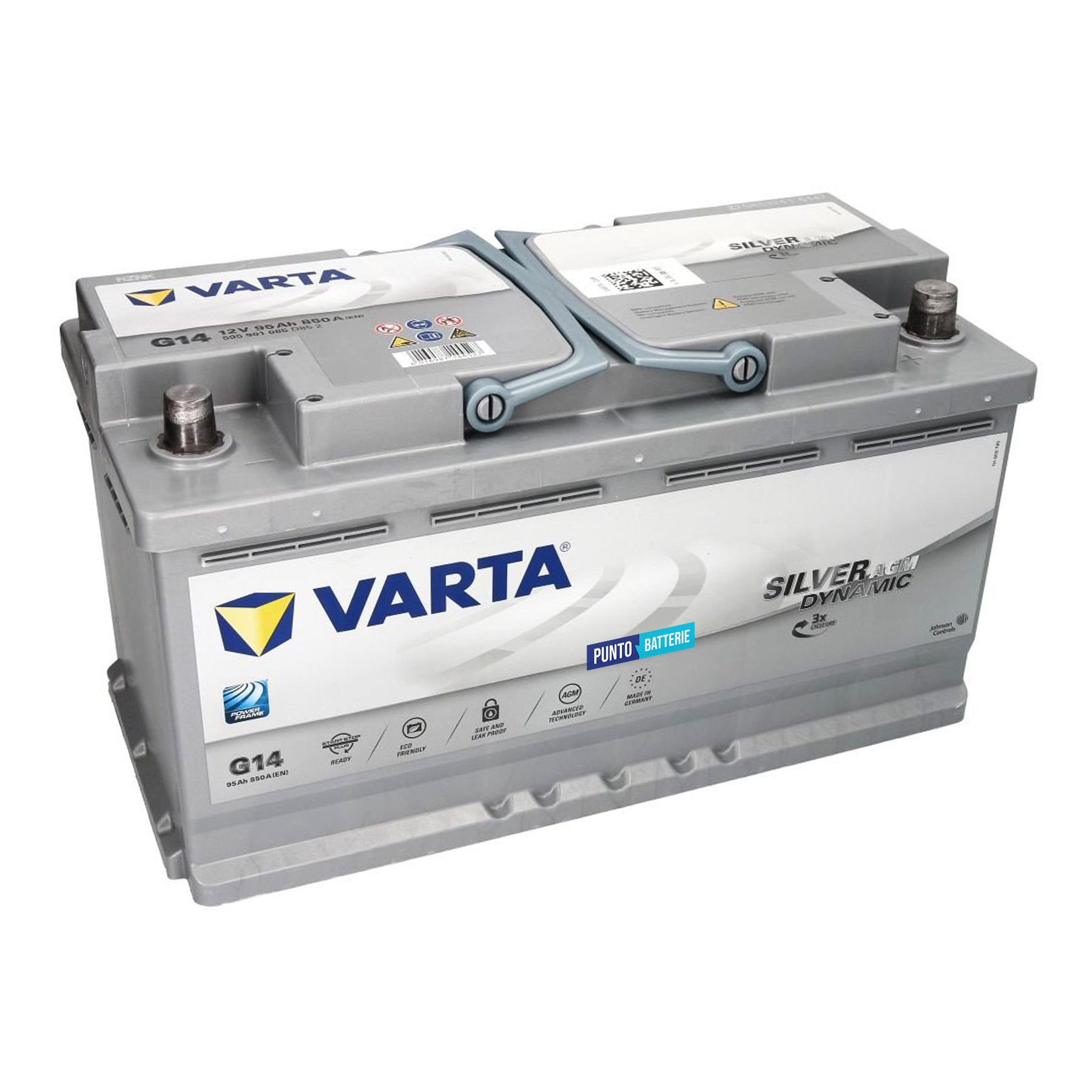 Batteria originale Varta Silver Dynamic AGM G14, dimensioni 353 x 175 x 190, polo positivo a destra, 12 volt, 95 amperora, 850 ampere, AGM. Batteria per auto e veicoli leggeri con start e stop.