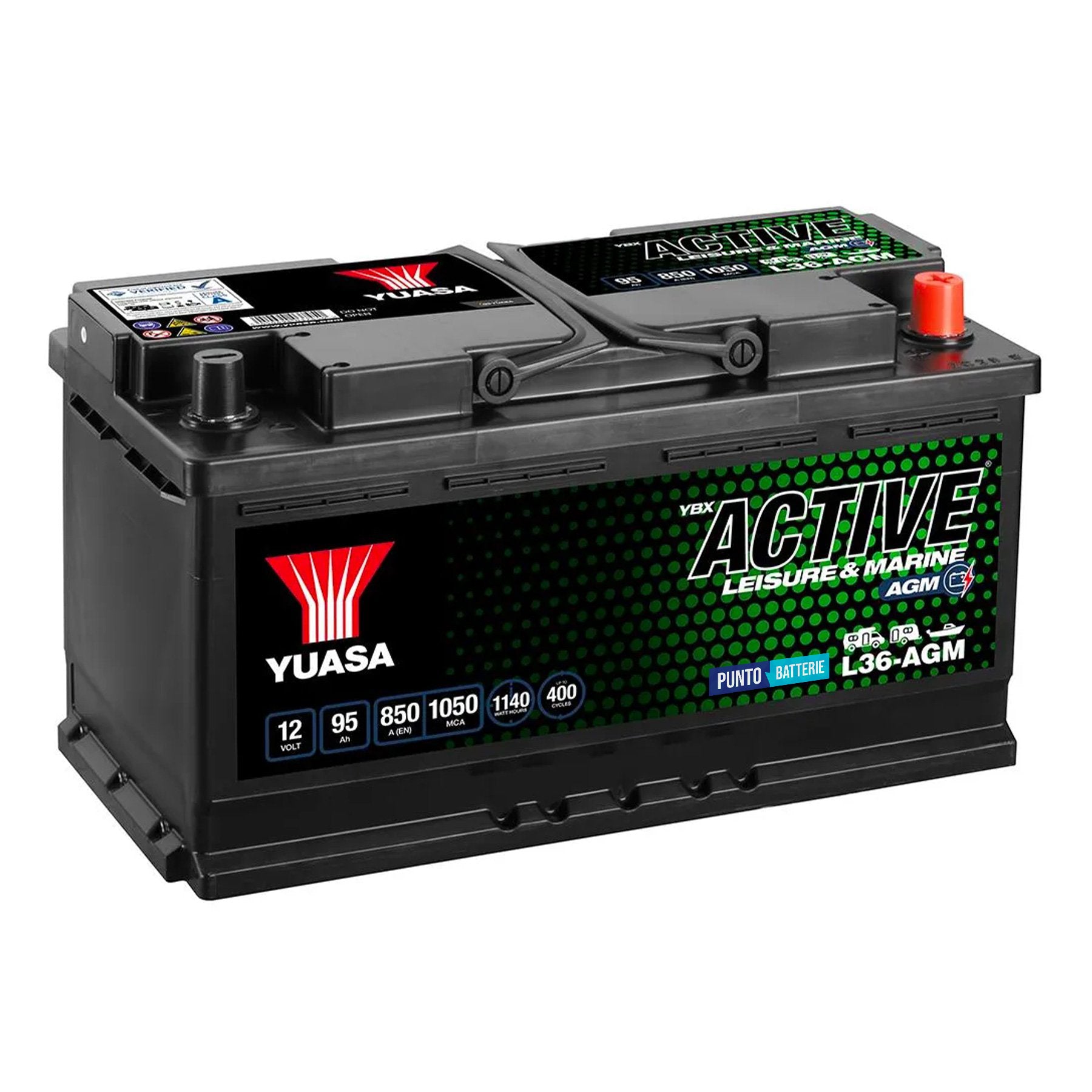 Batteria originale Yuasa YBX ACTIVE Leisure e Marine L36-AGM, dimensioni 353 x 175 x 190, 12 volt, 95 amperora, AGM. Batteria per servizi di camper, barca e applicazioni a scarica lenta.