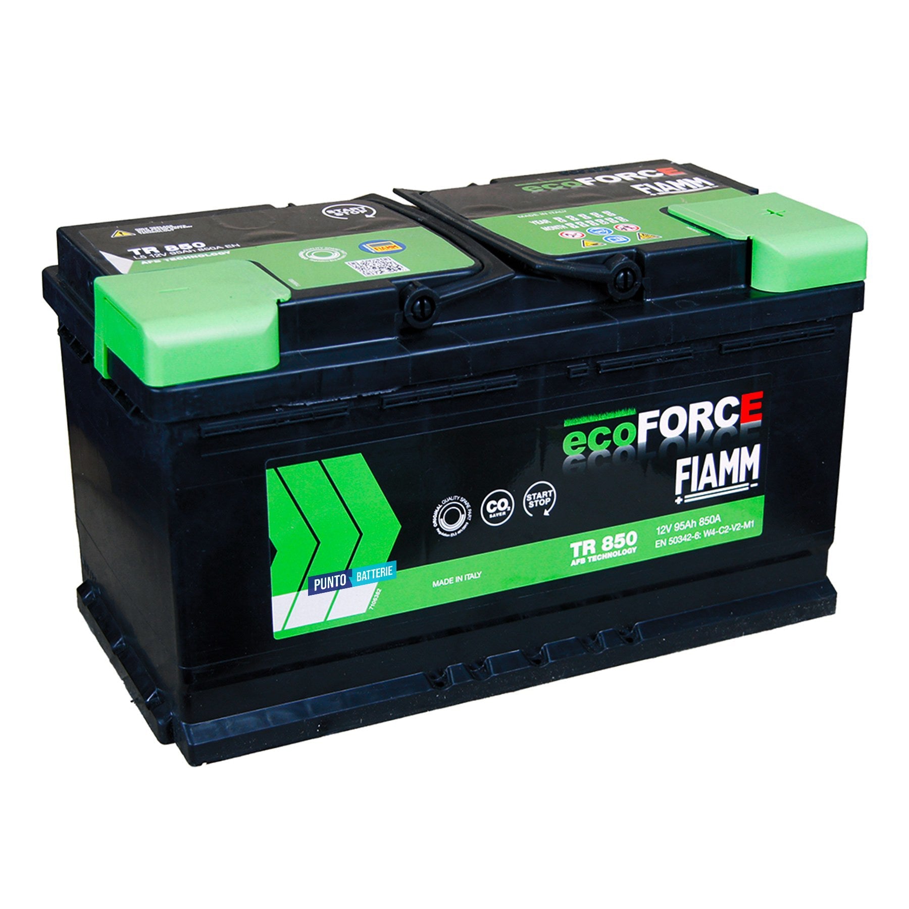 Batteria originale Fiamm EcoFORCE AFB TR 850, dimensioni 353 x 175 x 190, polo positivo a destra, 12 volt, 95 amperora, 850 ampere, EFB. Batteria per auto e veicoli leggeri con start e stop.