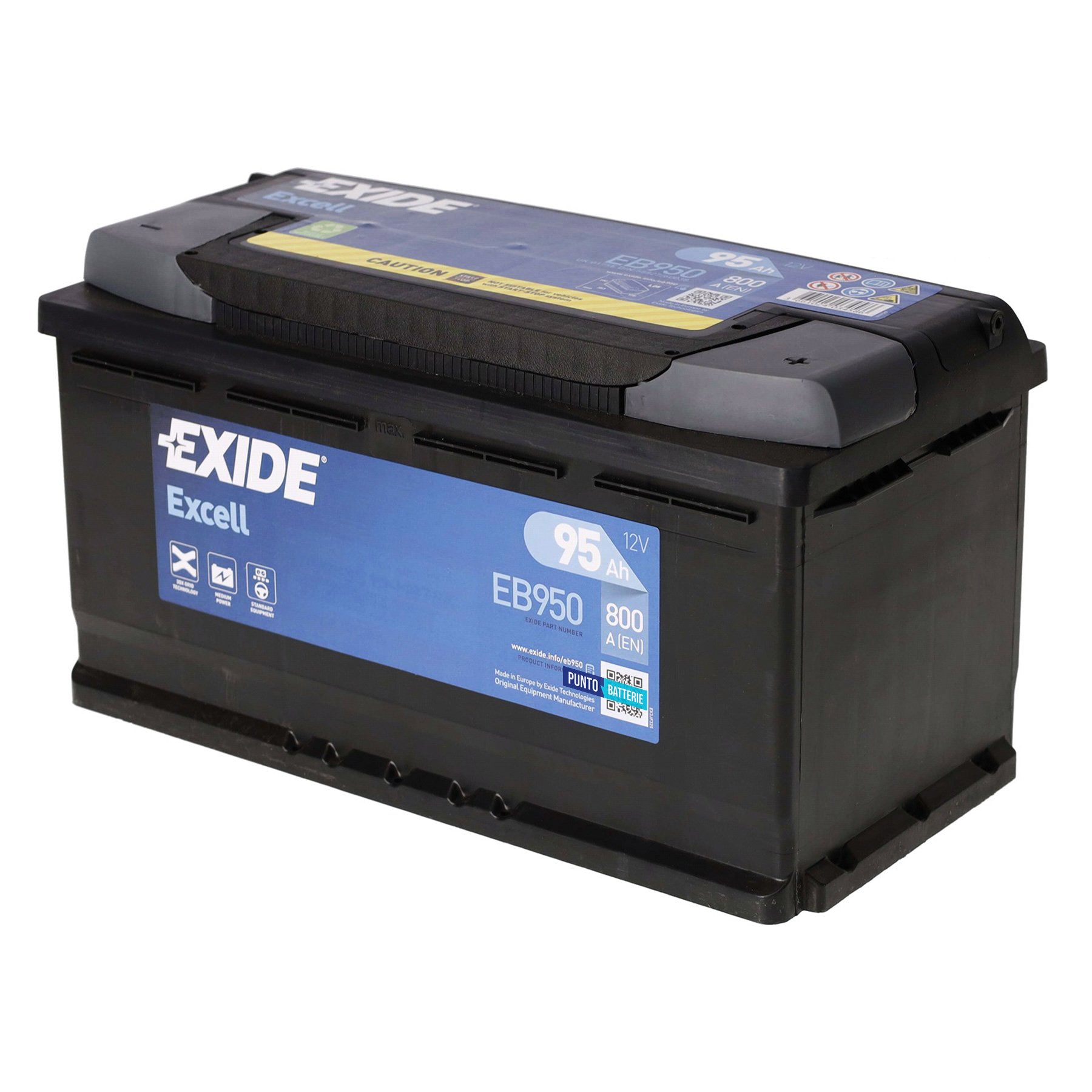Batteria originale Exide Excell EB950, dimensioni 353 x 175 x 190, polo positivo a destra, 12 volt, 95 amperora, 800 ampere. Batteria per auto e veicoli leggeri.