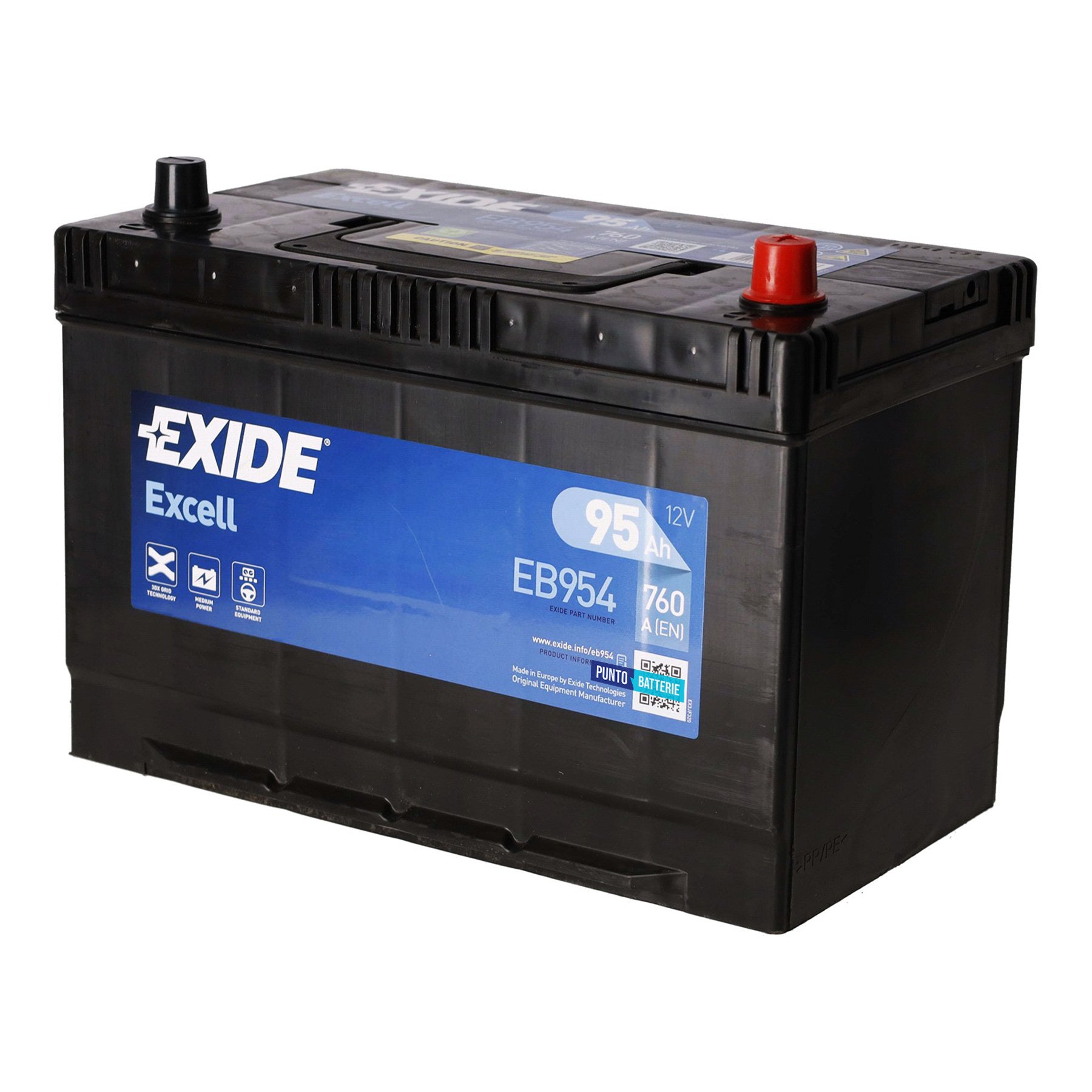 Batteria originale Exide Excell EB954, dimensioni 306 x 173 x 222, polo positivo a destra, 12 volt, 95 amperora, 760 ampere. Batteria per auto e veicoli leggeri.