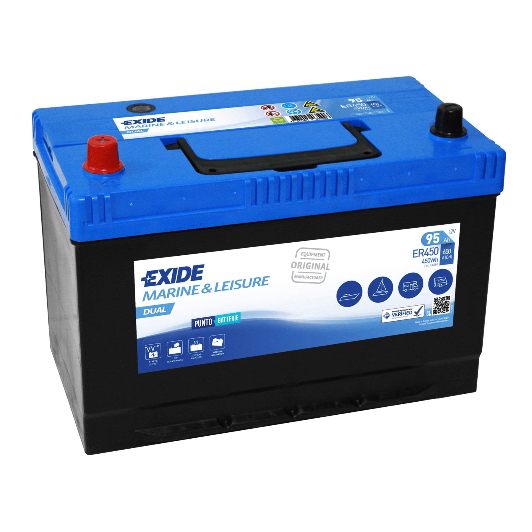 Batteria originale Exide Dual ER450, dimensioni 306 x 173 x 222, 12 volt, 95 amperora. Batteria per servizi di camper, barca e applicazioni a scarica lenta.