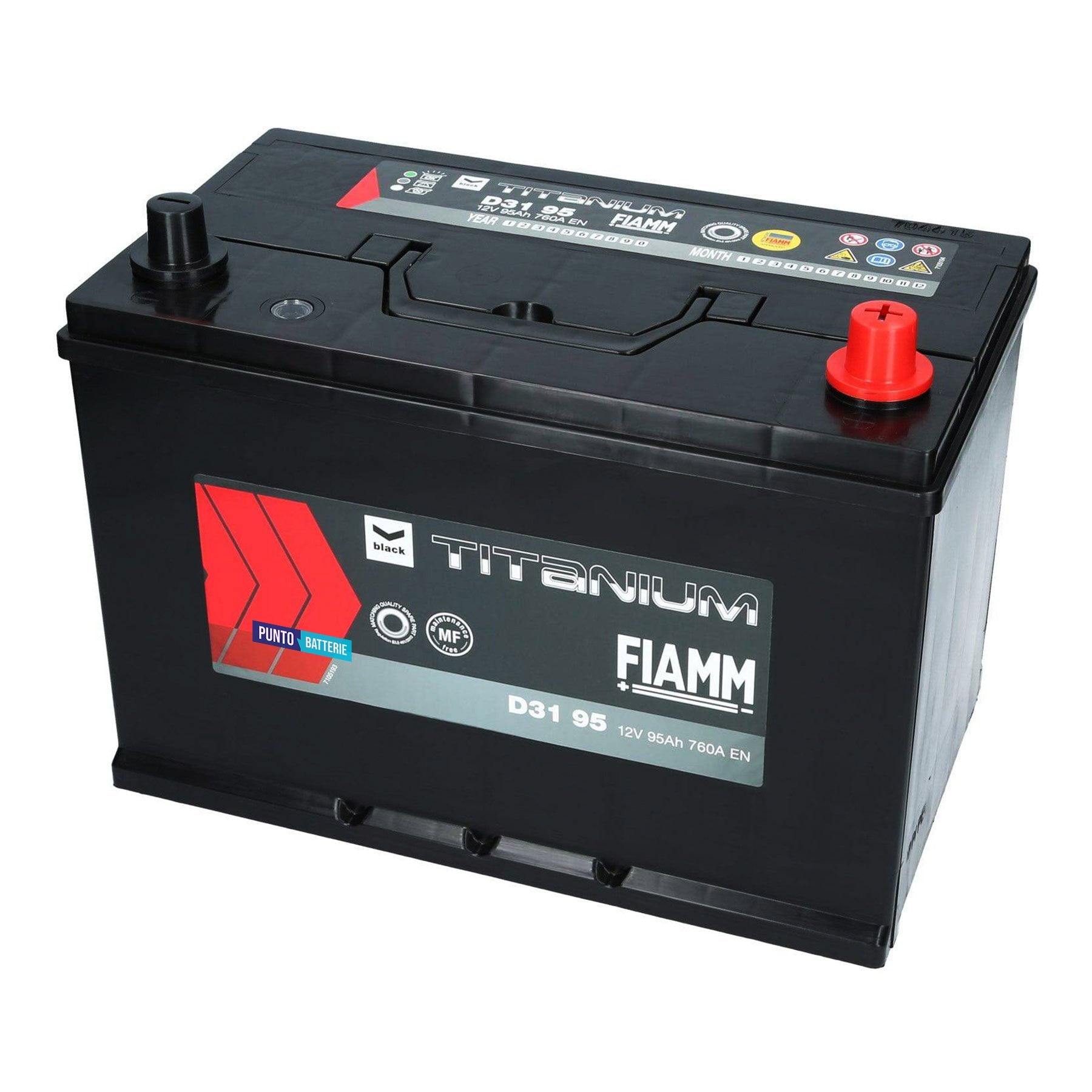 Batteria originale Fiamm Black Titanium D31 95, dimensioni 302 x 172 x 220, polo positivo a destra, 12 volt, 95 amperora, 760 ampere. Batteria per auto e veicoli leggeri.